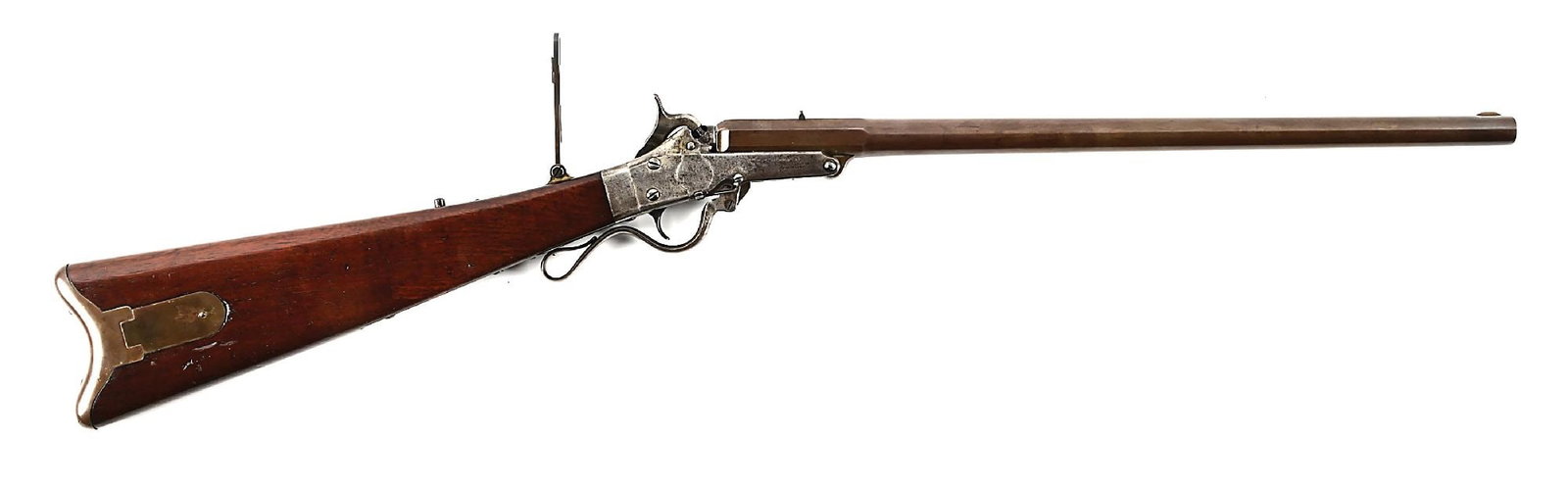 (A) FIRST MODEL TAPE PRIMER MASSACHUSETTS ARMS COMPANY MAYNARD SINGLE SHOT CARBINE.: Features octagon to round barrel, German nickel front sight, dovetail wind drift rear sight. Serial number 1984 stamped under barrel and inside primer door. Right side of frame is stamped "MAYNARD ARM