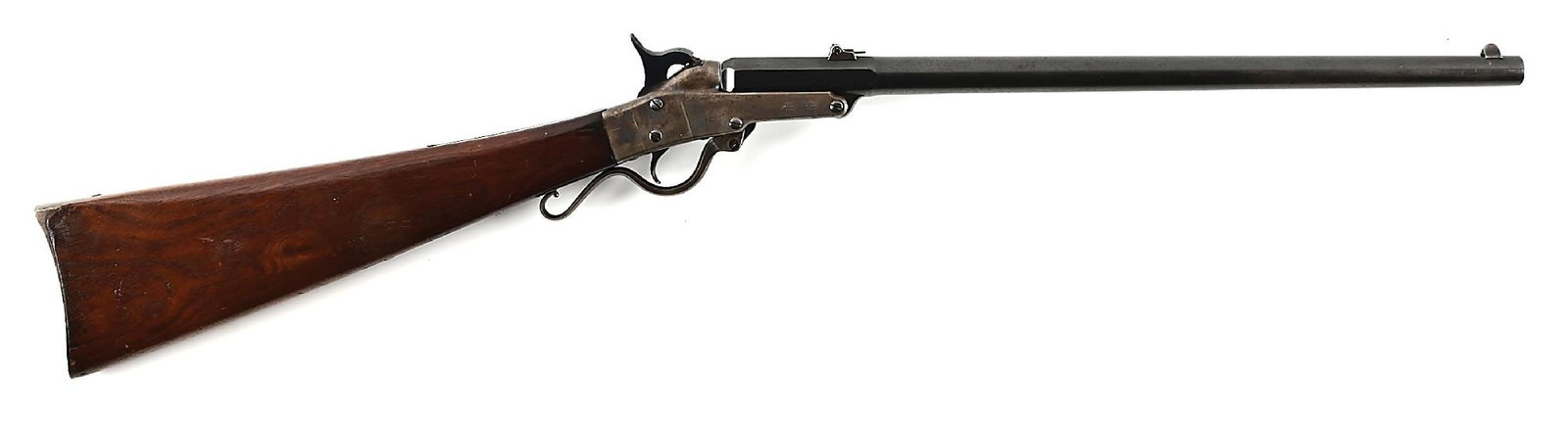(A) 2ND MODEL MAYNARD SADDLE RING CARBINE BY THE MASSACHUSETTS ARMS CO.: Maynard 2nd Model manufactured by Massachusetts Arms Company from 1863-1865 with a total of about 20,000 manufactured. 20" round barrel with octagon breech with 2-leaf folding rear sight and blade fro