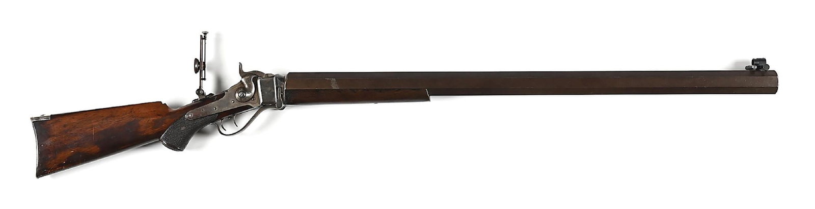 (A) EXTRA HEAVY BARREL SHARPS MODEL 1874 SINGLE SHOT BENCH TARGET RIFLE. (1 of 7)