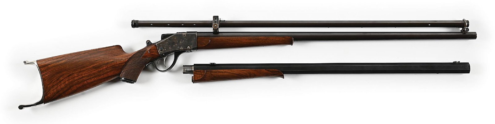 (A) CASED SHARPS-BORCHARDT MODEL 1878 SINGLE SHOT RIFLE TWO BARREL SET WITH MALCOM SCOPE. (1 of 10)