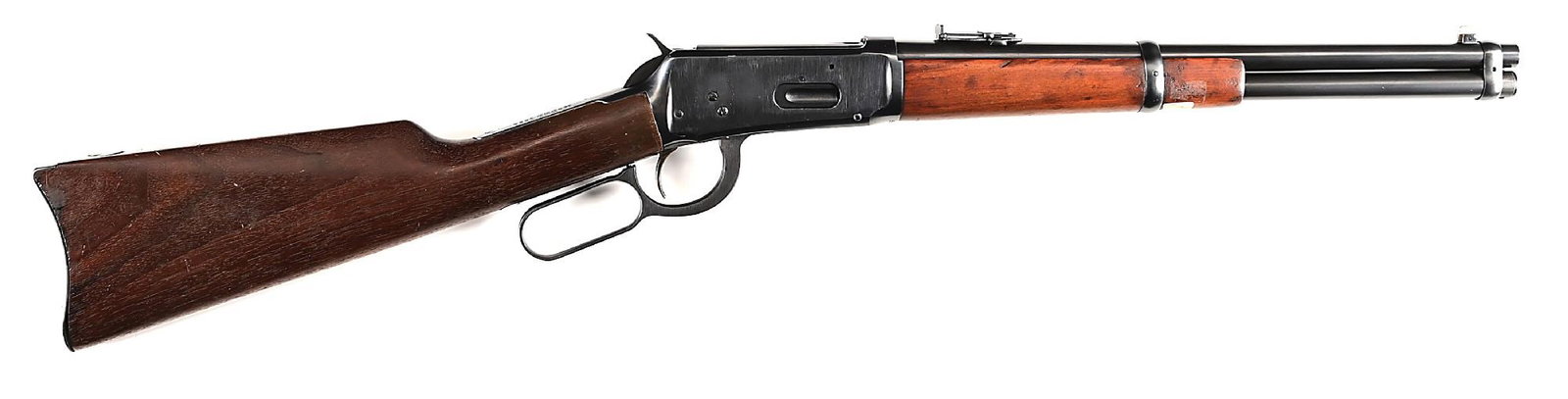 (C) 15" WINCHESTER MODEL 1894 LEVER ACTION TRAPPER STYLE CARBINE.: Circa 1911 per Madis. Blued 15" barrel with replacement pinned blade front sight and carbine ladder rear. Blued receiver with saddle ring and plain trigger. 7 - 7/8" trapper length forend and carbine