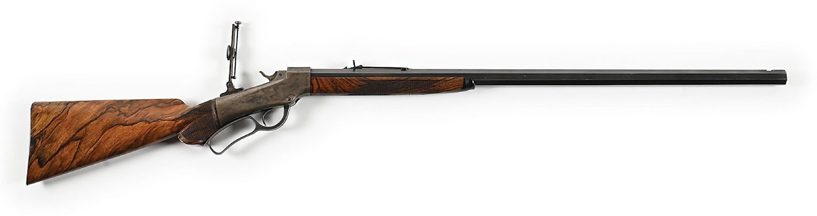 (A) FINE MARLIN BALLARD NO. 4 - 1/2 MID-RANGE SINGLE SHOT RIFLE WITH CASE.: Manufactured circa 1878-1882. Blued medium weight barrel with spirit level globe front sight and v-notch rear sight, an additional folding Vernier aperture sight with 3 - 1/2" staff is mounted on the