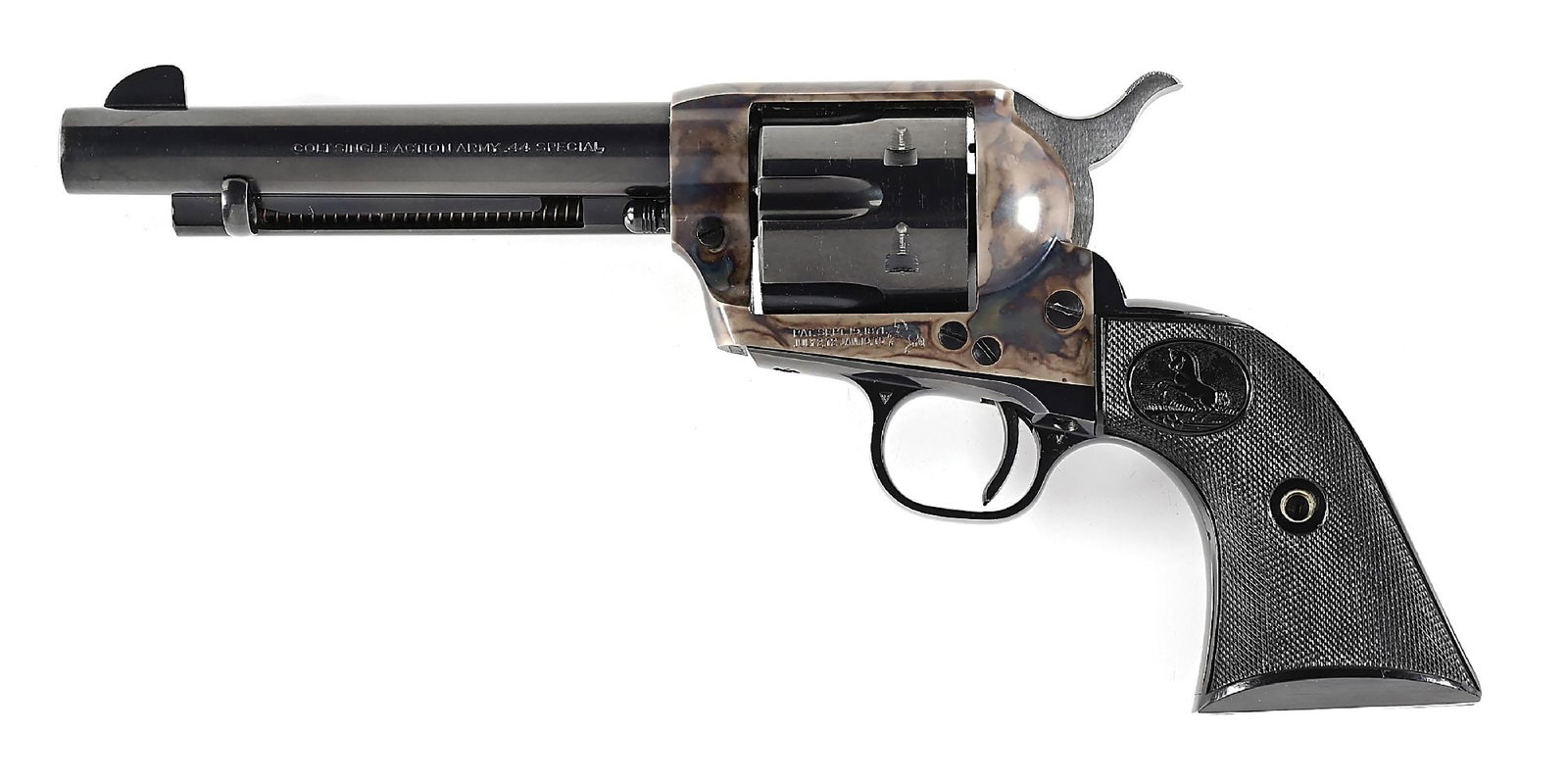 (C) SCARCE SECOND GENERATION COLT .44 SINGLE ACTION ARMY REVOLVER WITH BLACK BOX.: Dates to 1965. Only 76 of these were produced that year with only 1,131 second gen guns made in this caliber, finish and barrel length. Standard revolver with the blue and case color finish with the C