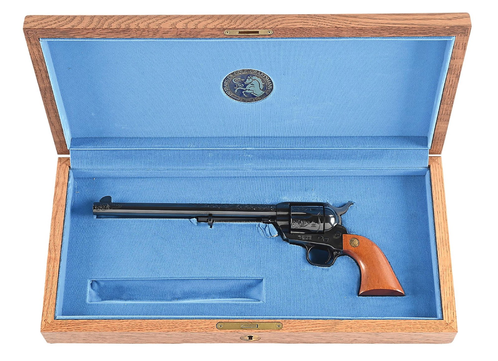(M) ENGRAVED 150TH ANNIVERSARY COLT SINGLE ACTIION ARMY BUNTLINE REVOLVER.: Only 490 of these special Colts were made in 1986 celebrating their 150th anniversary. It is a so called Buntline example that is finished in full Colt blue with fluted cylinders and fitted with 1-pie