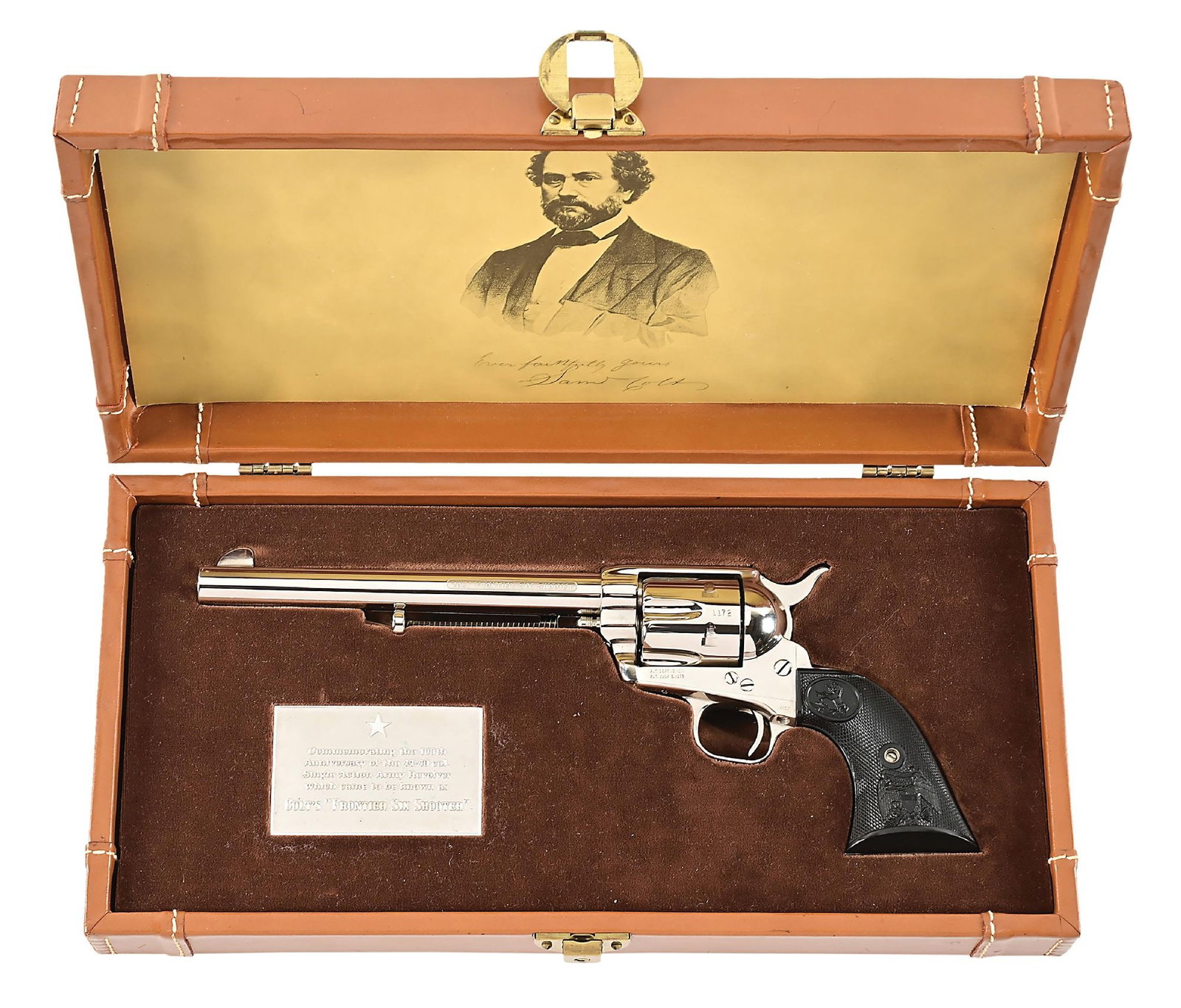 (C) COLT PEACEMAKER CENTENNIAL ETCHED PANEL 44-40 FRONTIER SIX SHOOTER WITH CASE: The right side of barrel is stamped "1873 PEACEMAKER CENTENNIAL 1973" Colt offered a matching set of a roll die Frontier Six Shooter built on a smokeless frame paired with a black powder frame Cavalry