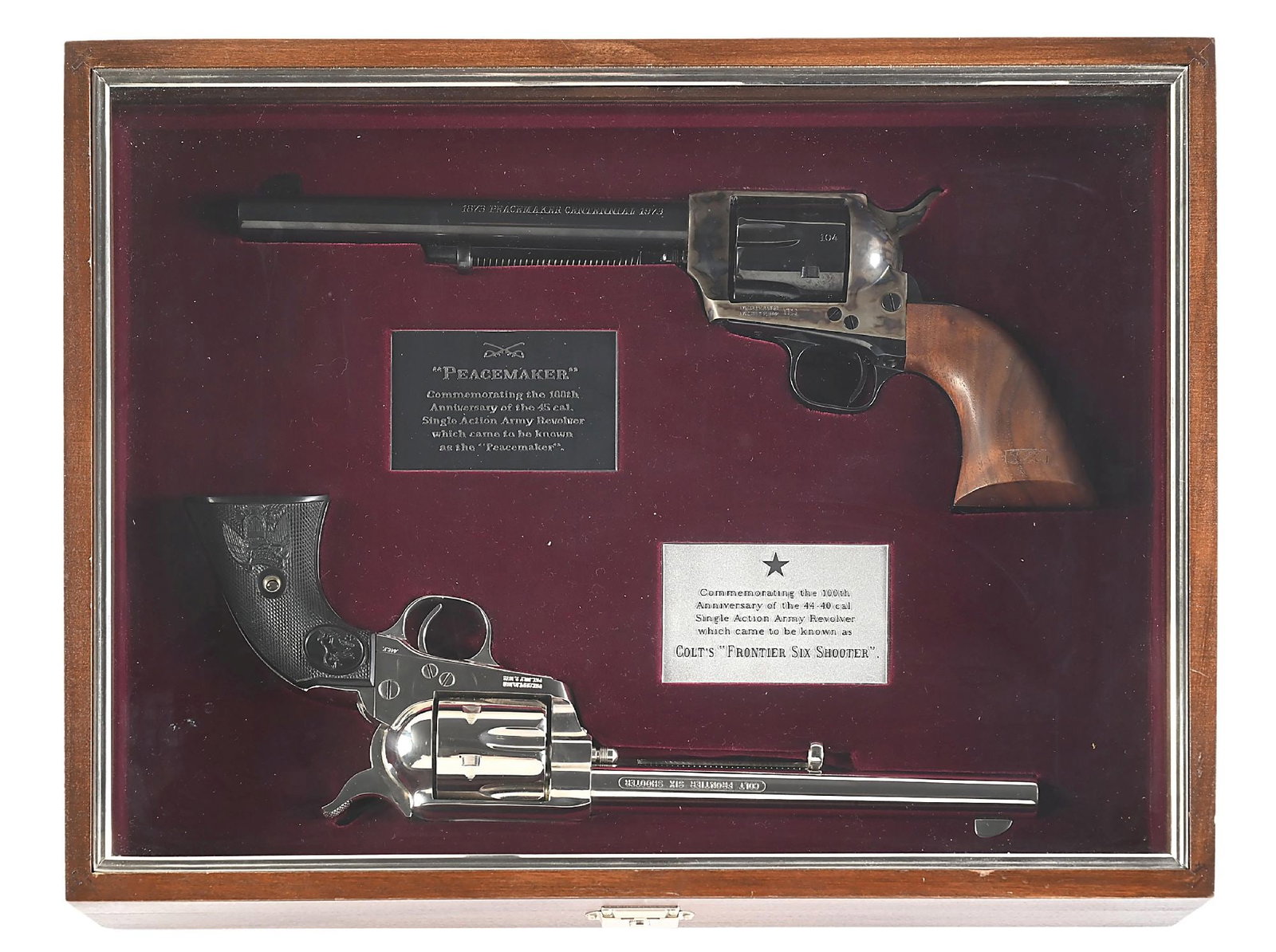(C) CASED CENTENNIAL COLT PEACEMAKER AND FRONTIER SIX SHOOTER SINGLE ACTION REVOLVERS.: In 1973, to celebrate the 100th anniversary of the Colt Single Action Army, one of the most celebrated of any Colt model, Colt produced what arguable was the nicest and most realistic commemoratives e