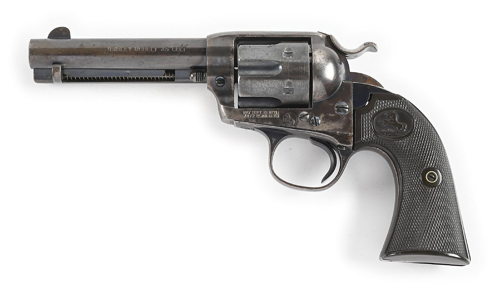 (C) COLT BISLEY SINGLE ACTION ARMY .45 COLT REVOLVER (1906).: Circa 1906 per Colt's serial number lookup. Classic blue and case colored configuration with a 4 - 3/4" barrel, half moon front sight, two line address across top of barrel, Bisley legend and caliber