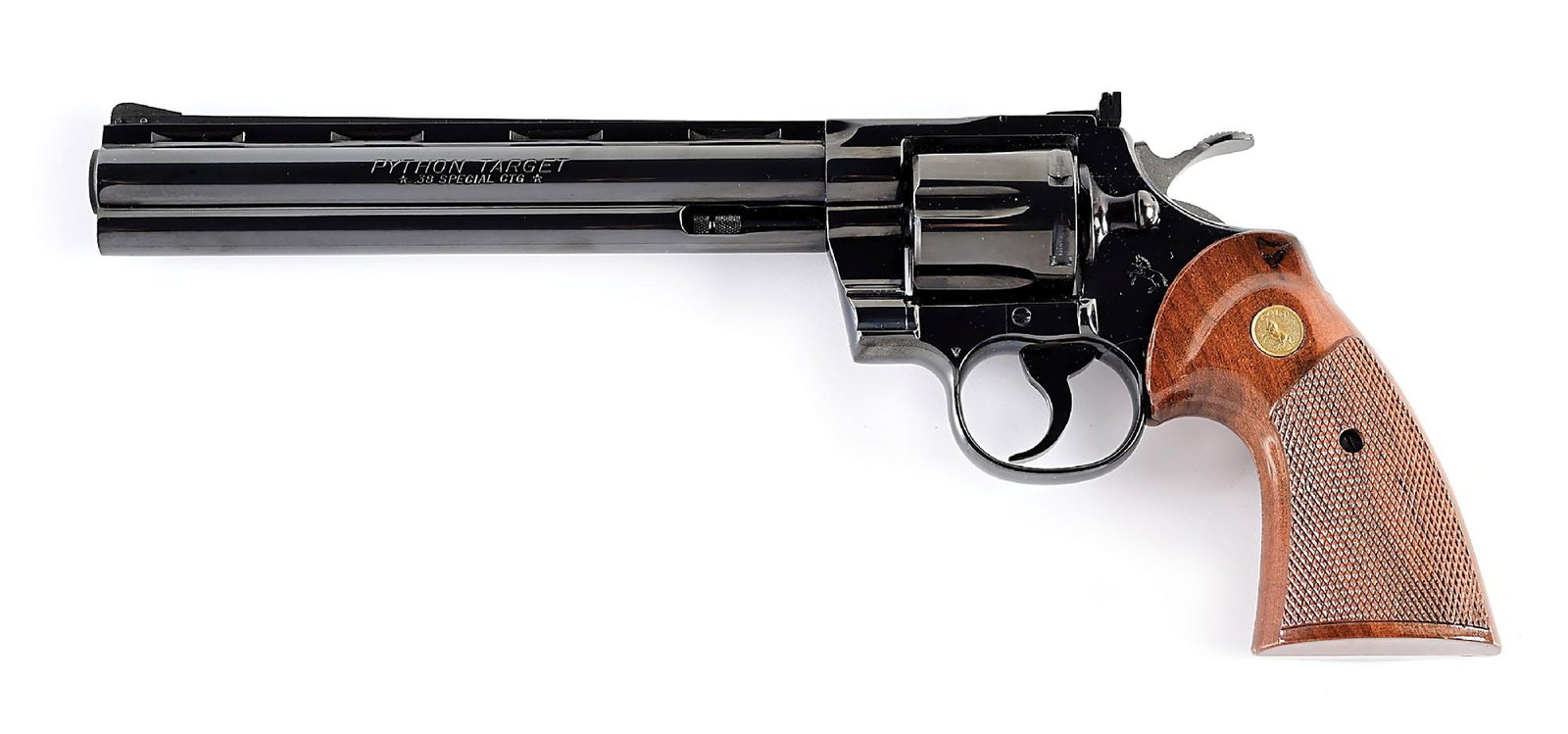(M) SCARCE COLT .38 SPECIAL PYTHON TARGET DOUBLE ACTION REVOLVER.: Dates to 1980. With vent rib, solid lug, blue front sight, adjustable rear sight, wide spur hammer and the Colt Type 3 checkered walnut grips with gold medallions. Left side of barrel is stamped "Pyth