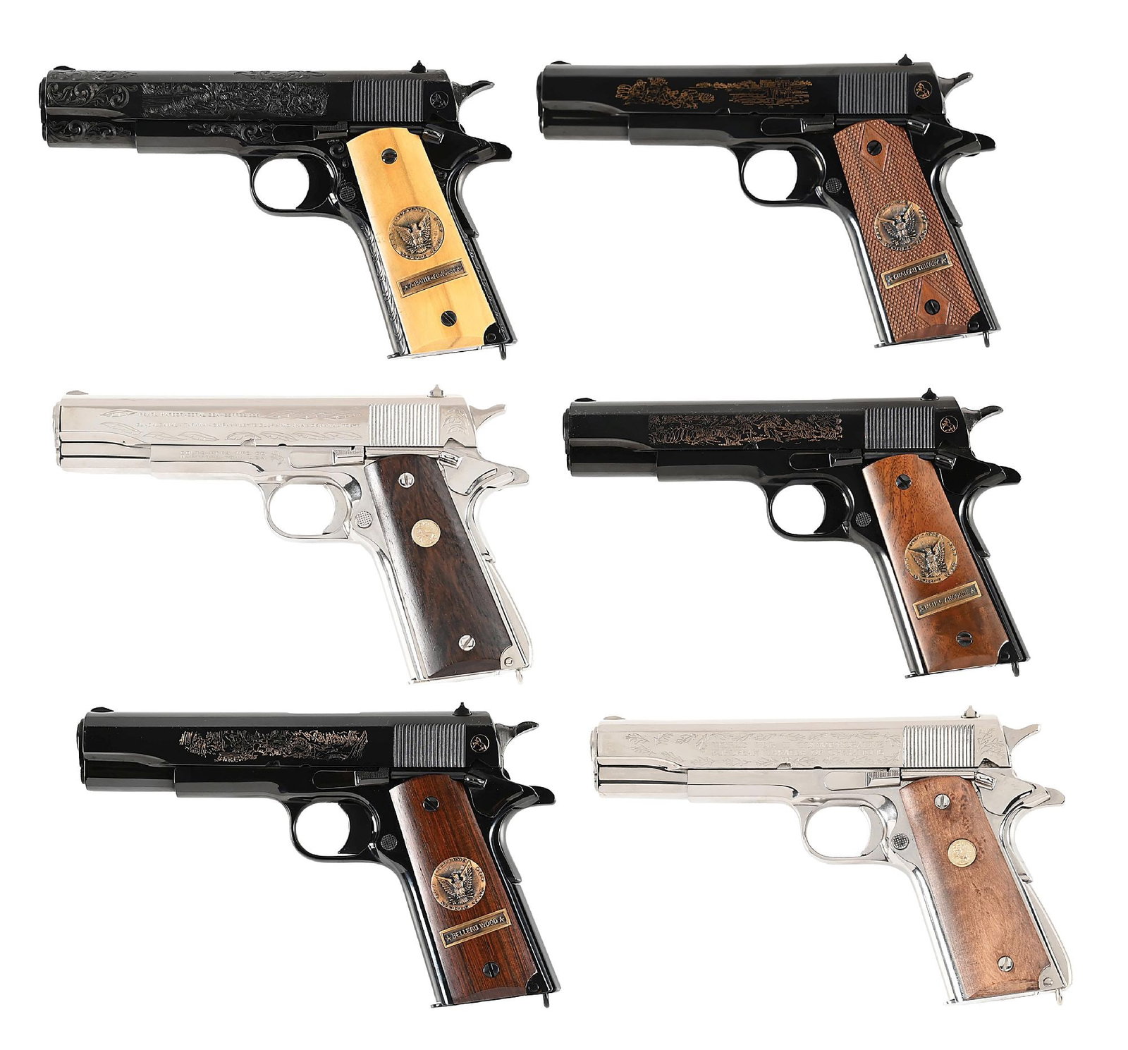 (C) MATCHING COMPLETE SET (6) US WW1 & WW2 COLT COMMEMORATIVE 1911 SEMI-AUTOMATIC PISTOLS.: This complete matching numbered set (267) includes both of the WWII examples to include the European and Pacific theater pistols as well as all four of the WWI pistols. Each gun exhibits a specific su