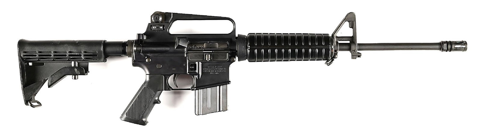 (M) COLT AR-15A2 SEMI-AUTOMATIC GOVERNMENT CARBINE.: Circa 1990s production with "RESTRICTED / MILITARY/GOVERNMENT / LAW ENFORCEMENT/EXPORT / USE ONLY" marking on the right side of the lower. Matte finished pencil barrel marked "C MP 5.56 NATO 1/7" with