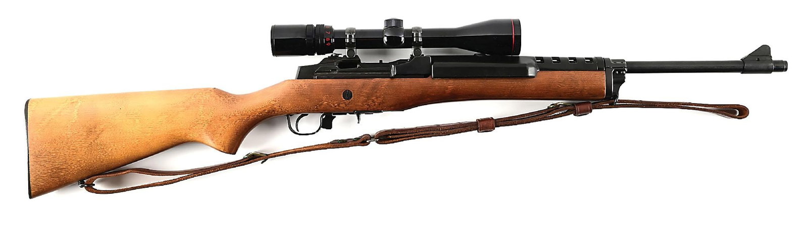 (M) RUGER MINI-30 7.62X39MM SEMI-AUTOMATIC RIFLE.: This Ruger rifle features a Garand style action and a blued finish with a wood stock. The rifle comes with a military style sling and one five round factory magazine. The rifle is also equipped with a