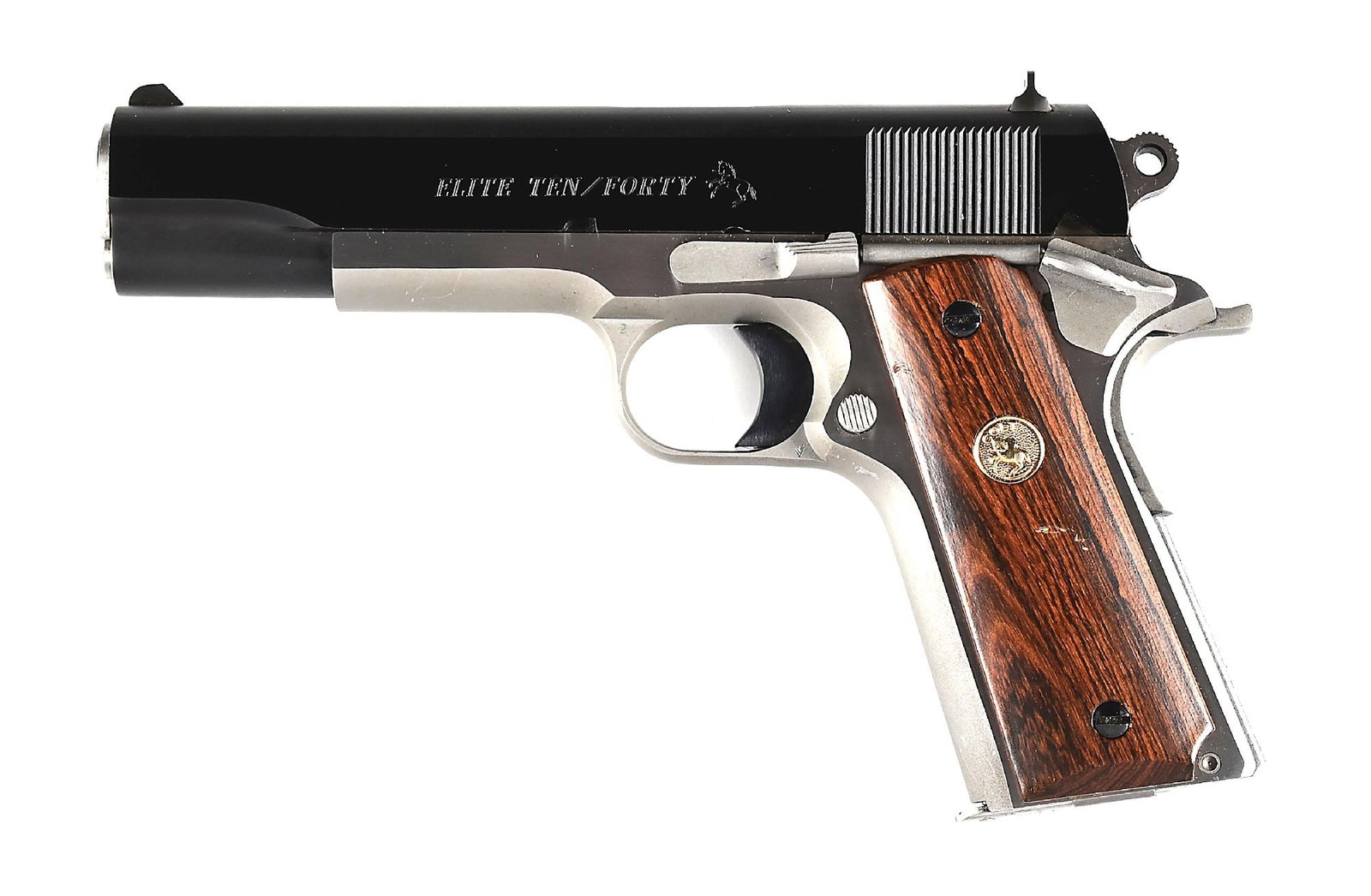 (M) LEW HORTON COLT COMBAT ELITE TEN/FORTY TWO TONE SEMI-AUTOMATIC PISTOL.: This was a Lew Horton exclusive and made to fire the 10MM as well as the .40 S&W. The barrel and magazine on this gun are stamped .40 S&W. Built on the 1991 platform, the frame on this pistol is stain