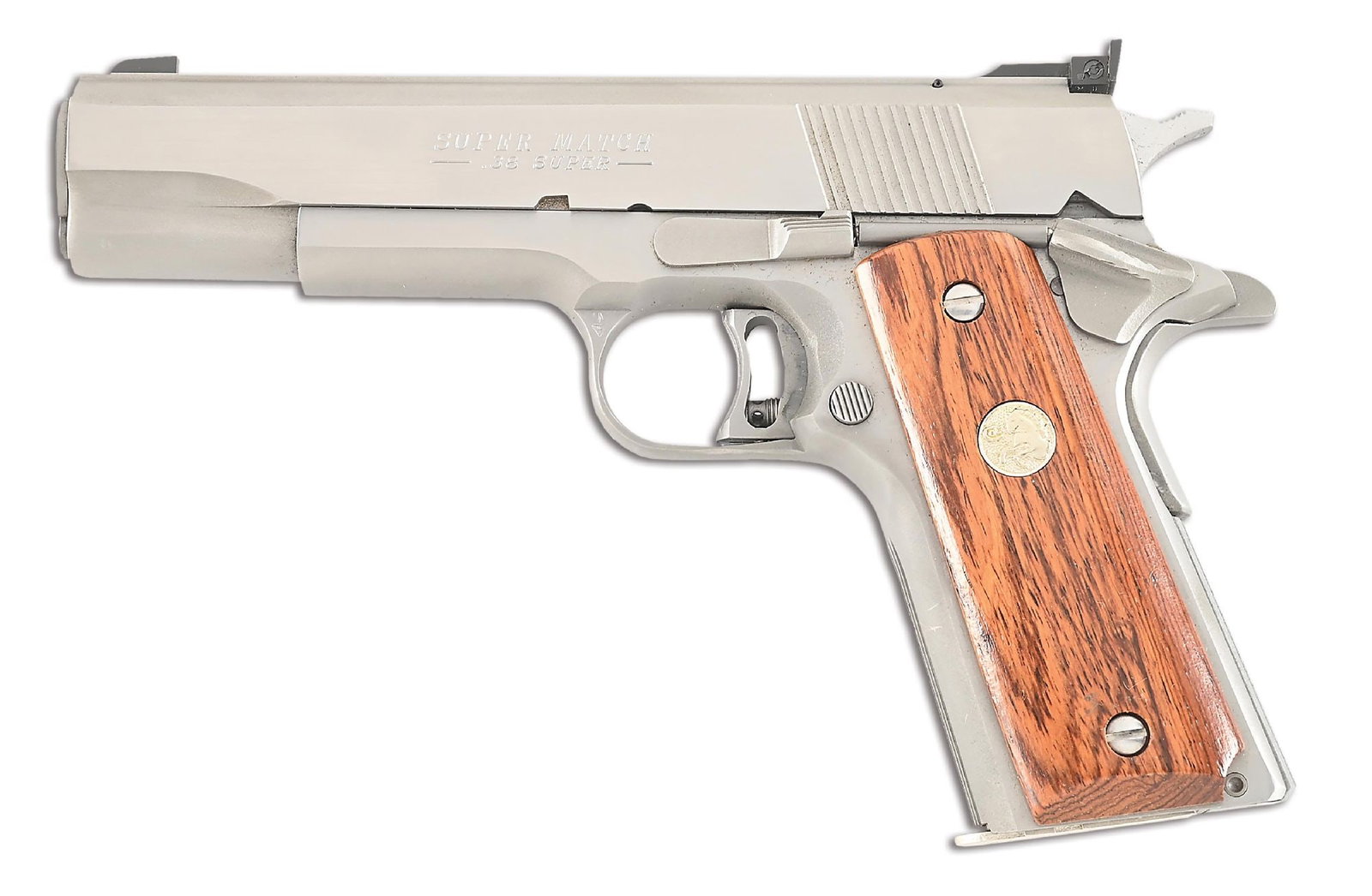 (M) COLT MODEL 1911 GOLD CUP SUPER MATCH IN .38 SUPER WITH BOX: This Series 80 1911 Super Match Gold Cup is built in stainless steel with wide flat slide rib, Elliason target rear sight, light weight adjustable trigger, smooth walnut grips with silver Colt medalli