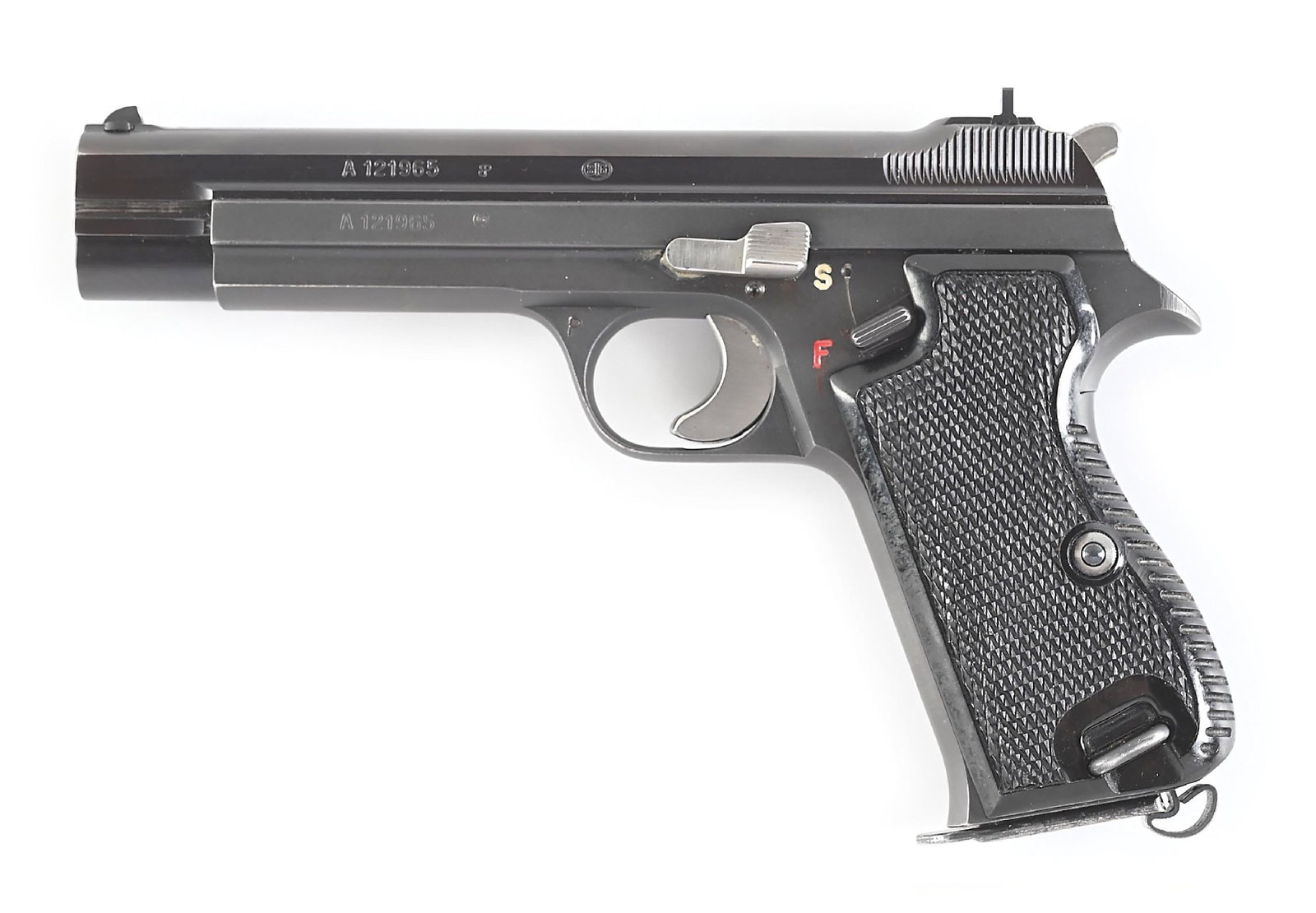 (C) SWISS SIG P49 (P210) SEMI-AUTOMATIC 9MM PISTOL WITH HOLSTER: Circa 1950s Swiss military production Pistole 49 numbered in the "A" prefix block. Matte blue finished slide with serrated top, drift adjustable white dot front sight, and notch rear. Matte finished f