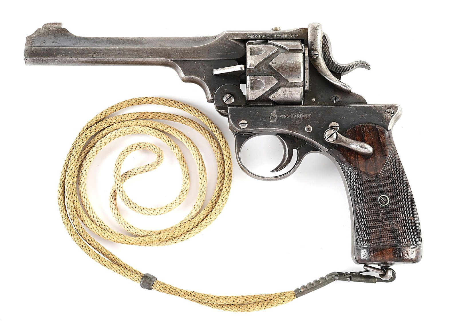 (C) WEBLEY-FOSBERY MODEL 1903 SEMI-AUTOMATIC .455 REVOLVER: One of approximately 4,237 Model 1903 revolvers manufactured by Webley & Scott. The left side of the top strap is marked "Webley-Fosebery". The left side plate is marked with the W&S winged bullet log