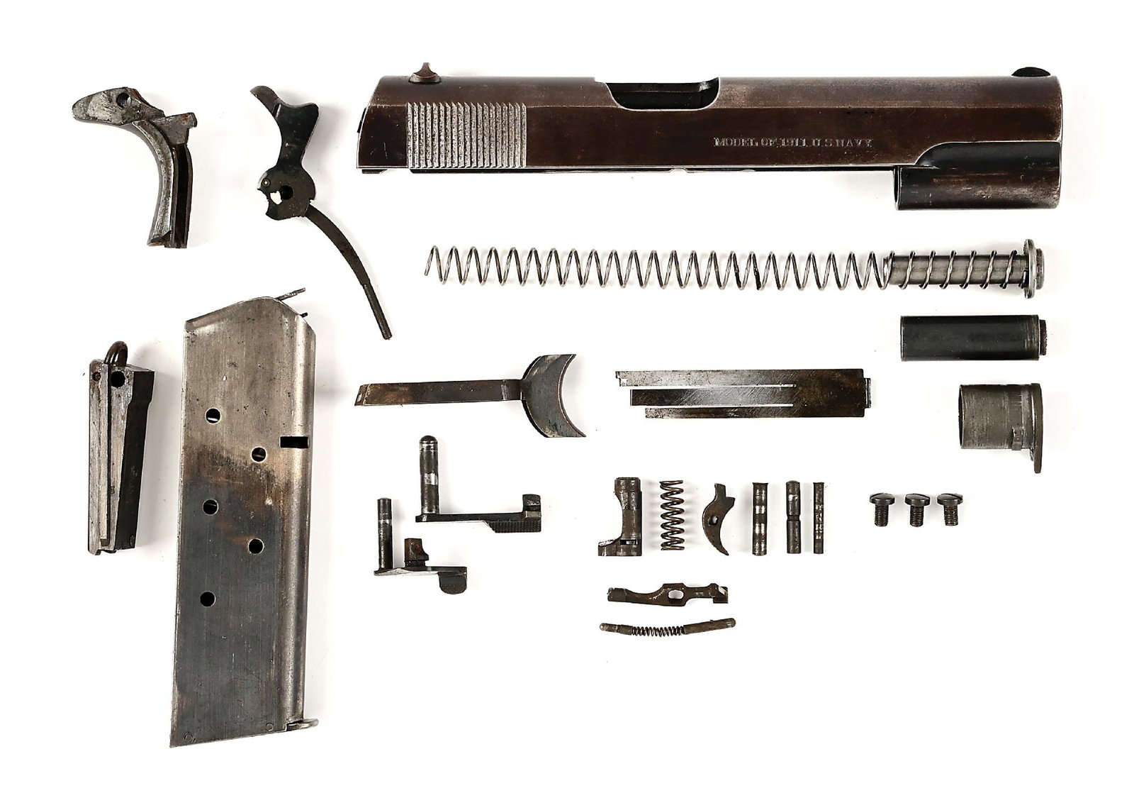 1912-1915 US NAVY MARKED COLT 1911 SLIDE, EARLY KEY HOLE MAGAZINE AND PARTS.: his slide has "MODEL OF 1911 US NAVY" stamped on the right side of slide. This slide is not serial numbered under the firing pin plate. The rear sight is an early type 1 with rounded edges and U shape