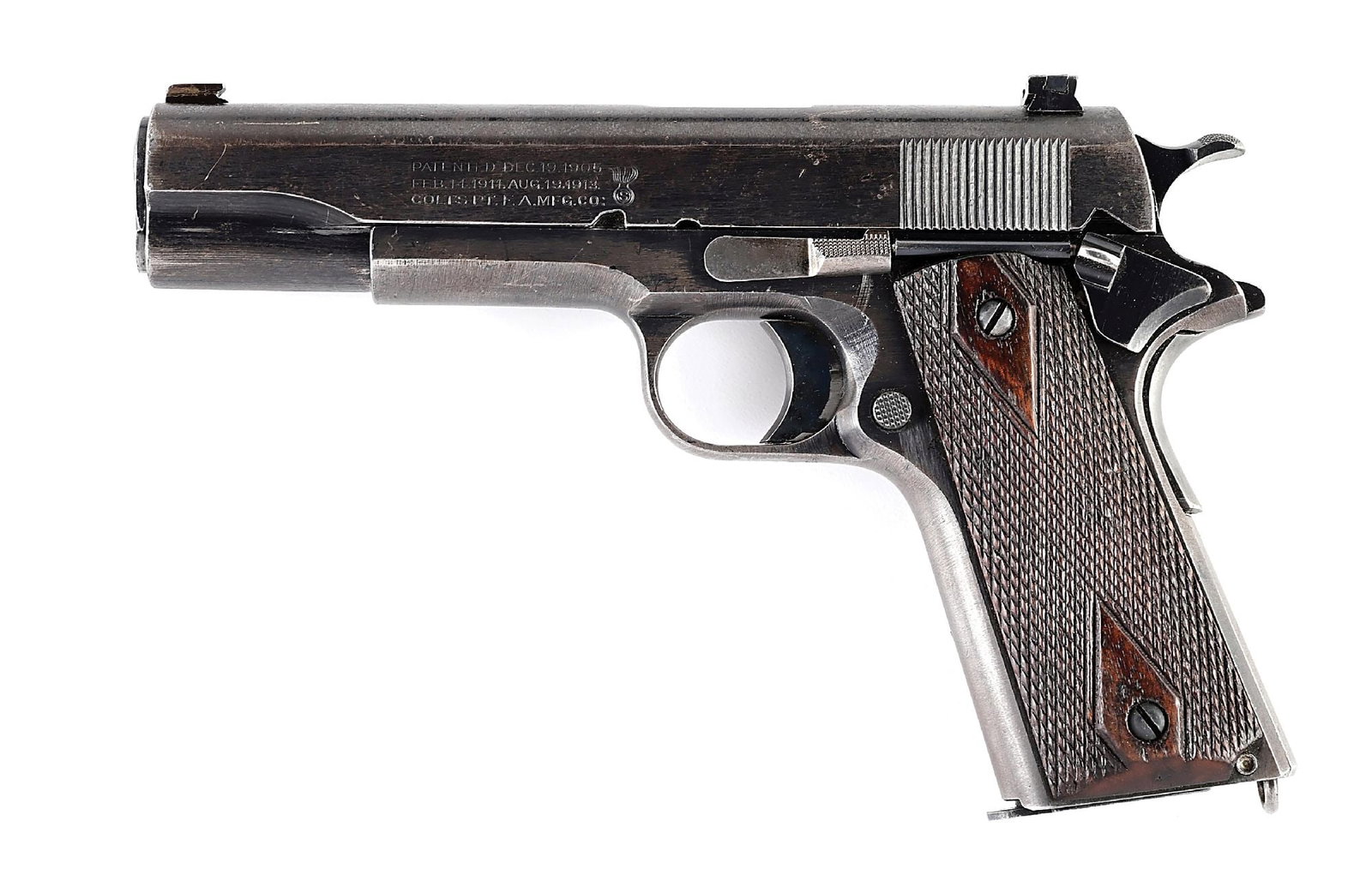 (C) SCARCE SEDGLEY 1911A1 SEMI-AUTOMATIC PISTOL.: Unique Sedgley assembled Colt Model 1911-A1 pistol with WWI era Savage slide, and Colt factory replacement frame with Sedley applied serial number 340A and the Sedgley "S" in a circle marking on forwa