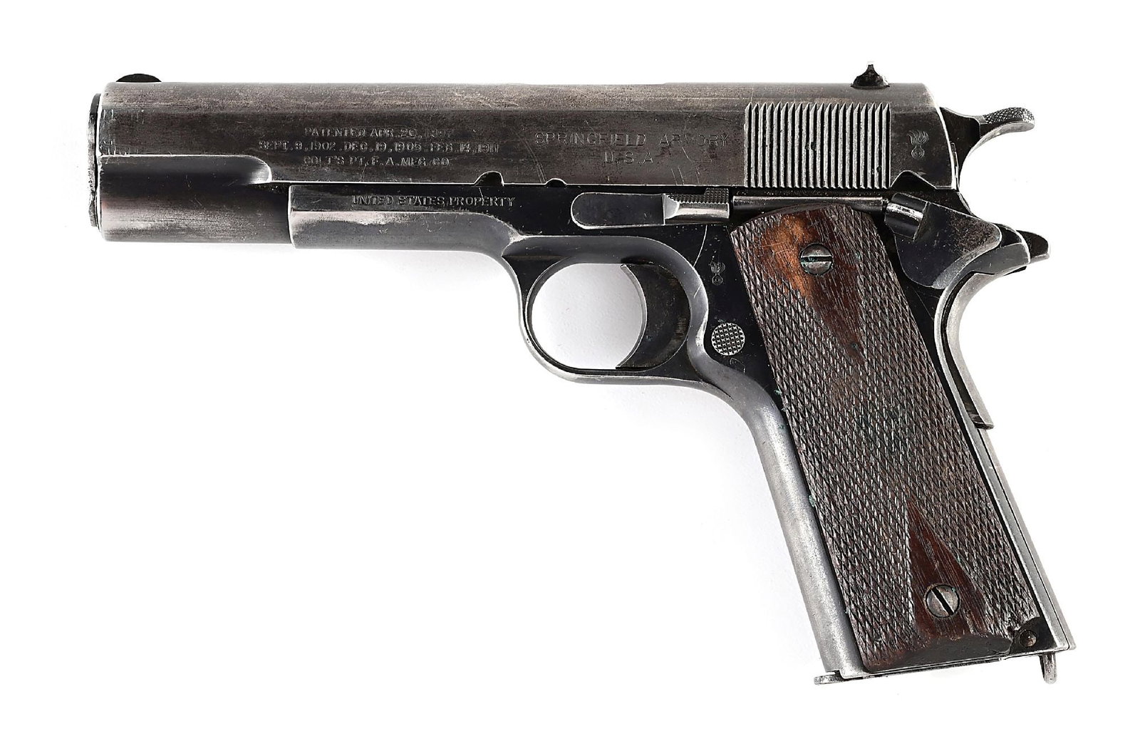 (C) SPRINGFIELD US MODEL 1911 SEMI-AUTOMATIC PISTOL WITH HOLSTER.: Only 30,791 were made under contract for the US Government in 1914-1915 using the Colt 1911 patent. The right side of slide is stamped with the Springfield eagle and MODEL OF 1911 US ARMY. The left si
