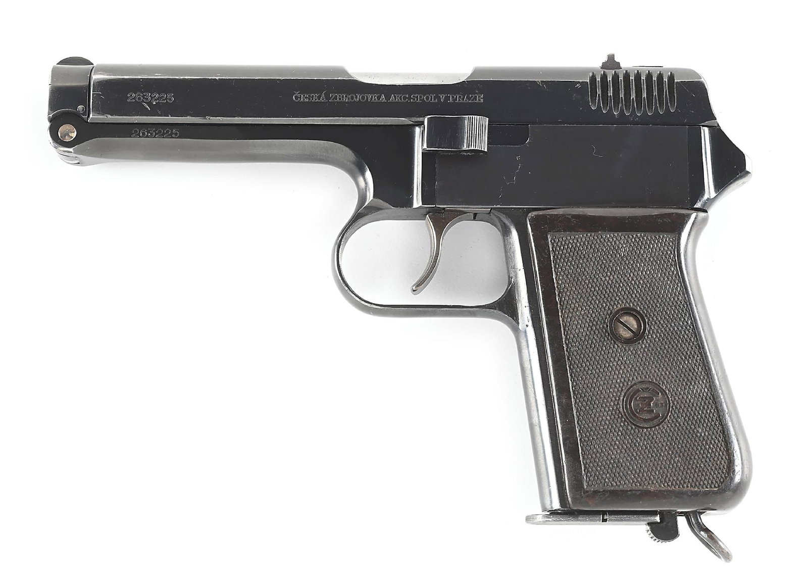 (C) CZ 38 SEM-AUTOMATIC PISTOL WITH HOLSTER: High polish blued finish with one piece Bakelite wrap around grips. This complete rig is accompanied by 2 total magazine and a scarce WWII German hardshell holster that has a 1940 date and a Waa47 Waf