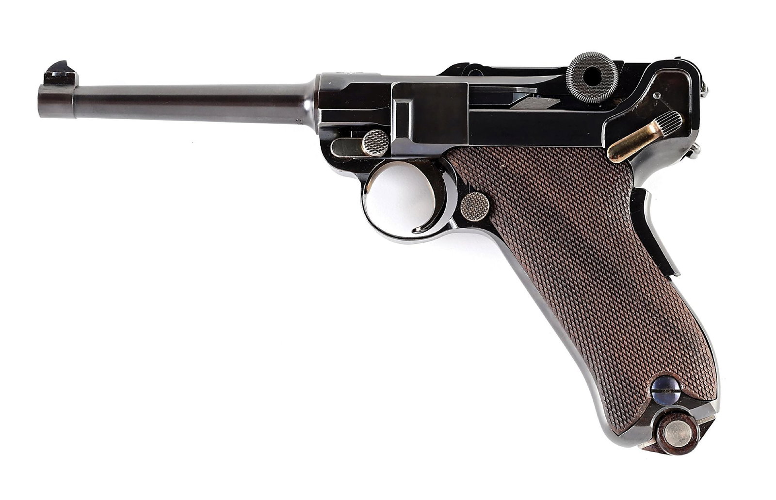 (C) SCARCE SWISS COMMERCIAL DWM MODEL 1906 LUGER SEMI-AUTOMATIC PISTOL.: Manufactured by DWM for sales in Switzerland with the starburst Swiss cross over the chamber, known examples falling into the 35,000-55,000 serial number range. Rust blued finish with straw small part