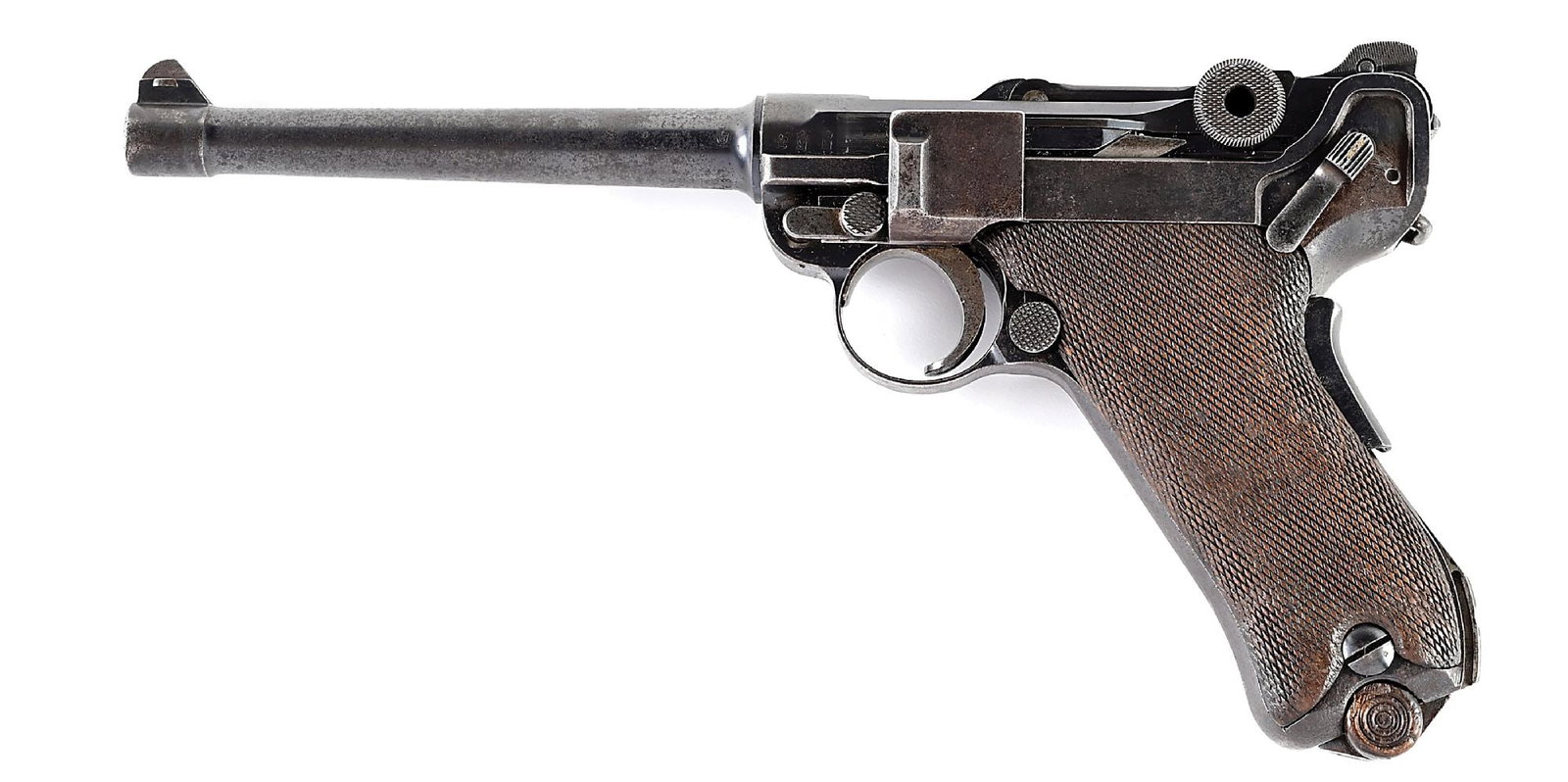 (C) DWM MODEL 1906 NAVY LUGER SEMI-AUTOMATIC PISTOL.: Original blued finish with strawed small parts. Numbered parts are matching with the exception of the magazine. "(Crown) / M" proofs throughout. The backstrap is marked "II TD", indicating it belonged