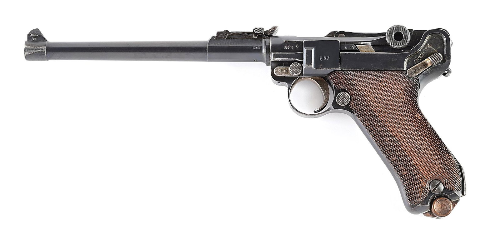 (C) ERFURT 1914 ARTILLERY LUGER SEMI-AUTOMATIC PISTOL.: Fairly scarce Erfurt Arsenal manufactured Long P.08 commonly referred to as the Artillery Luger. The pistol is all matching numbered with the exception of the wood base magazine. 1914 is the only year
