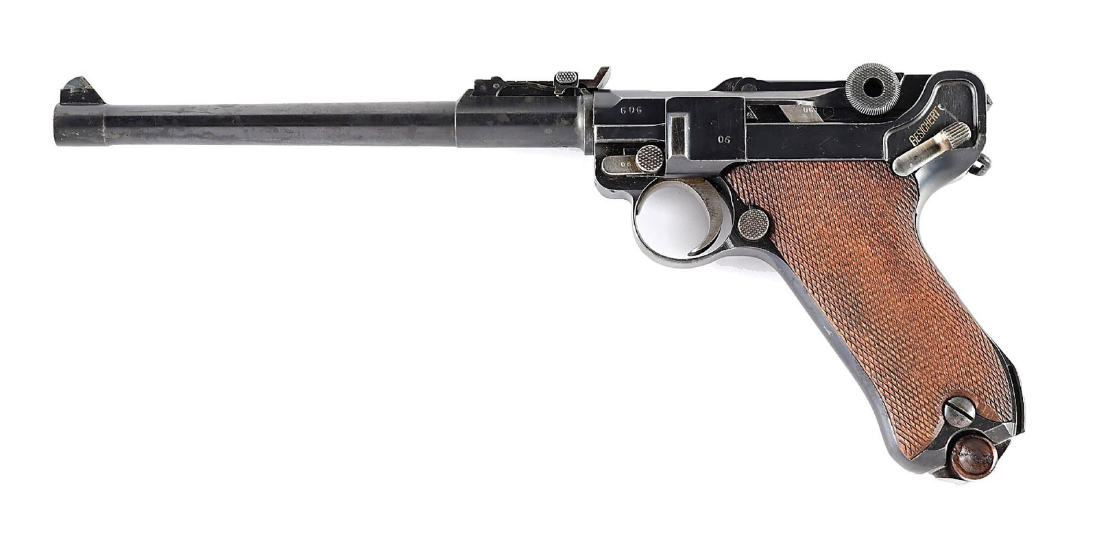 (C) DWM 1917 DATED ARTILLERY LUGER SEMI-AUTOMATIC PISTOL.: This Artillery Luger was produced by DWM in 1917 for the German Imperial Army. The pistol is matching numbered, with the exception of the wood base magazine. The grips are correctly numbered to the pi