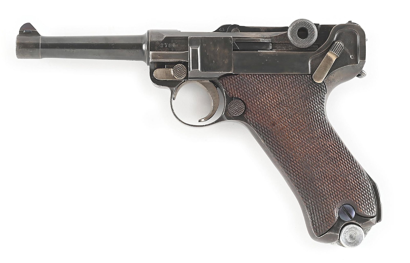 (C) KRIEGHOFF S CODE LUGER 9MM SEMI-AUTOMATIC PISTOL: Manufactured in 1936, this S code Krieghoff luger exhibits an S roll mark over the chamber and Krieghoff Suhl on the toggle. The roll mark on the toggle is the type C-1 variant (Gibson page 82). There