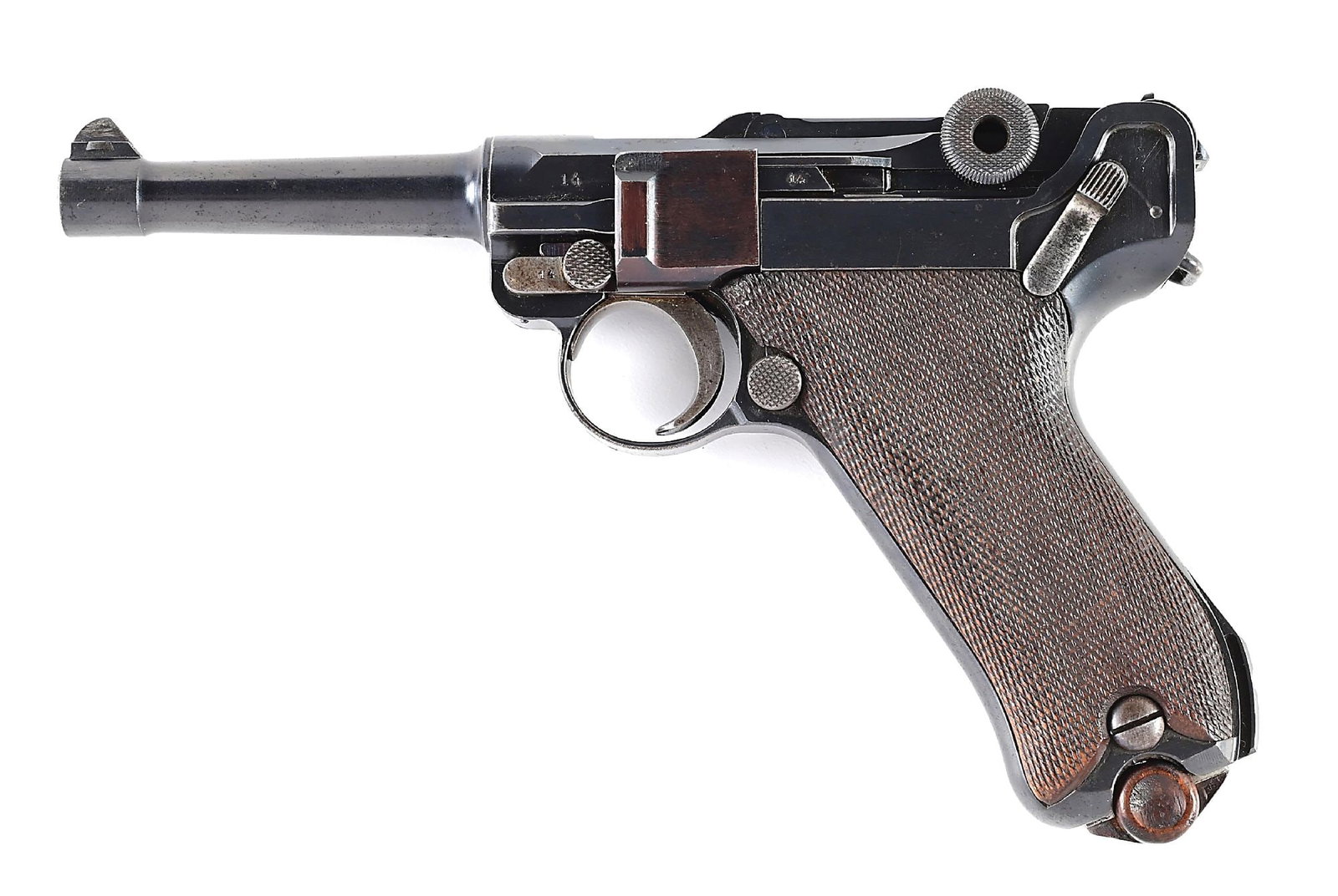 (C) 1915 DWM P.08 LUGER SEMI-AUTOMATIC PISTOL.: Manufactured by DWM in 1915 for the Imperial German Army. The pistol is all matching numbers, although the side plate appears to be a replacement numbered to match the gun. The checkered walnut grips