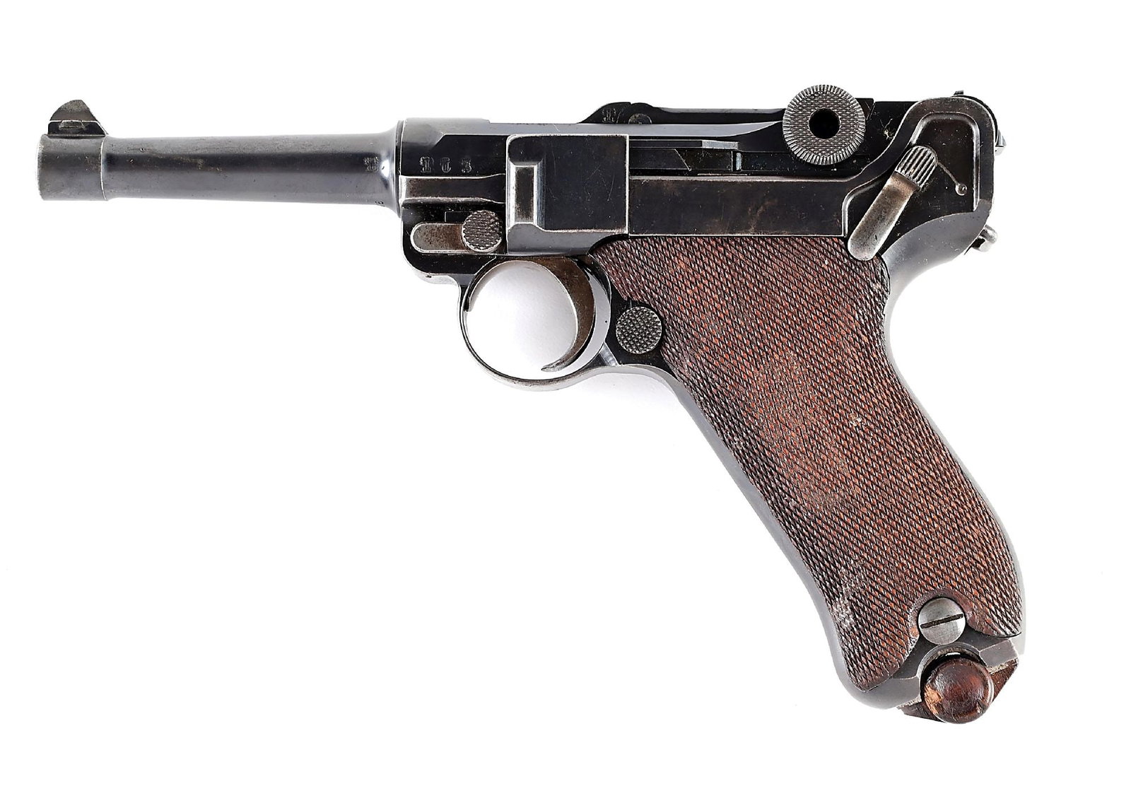 (C) DWM FIRST ISSUE MILITARY 1908 LUGER SEMI-AUTOMATIC PISTOL: The 1908 First issue DWM Military Luger represents the initial adoption of the 9mm parabellum pistol by the German Army. Approximately 25,000 were produced around 1909. Fairly scarce, this early model