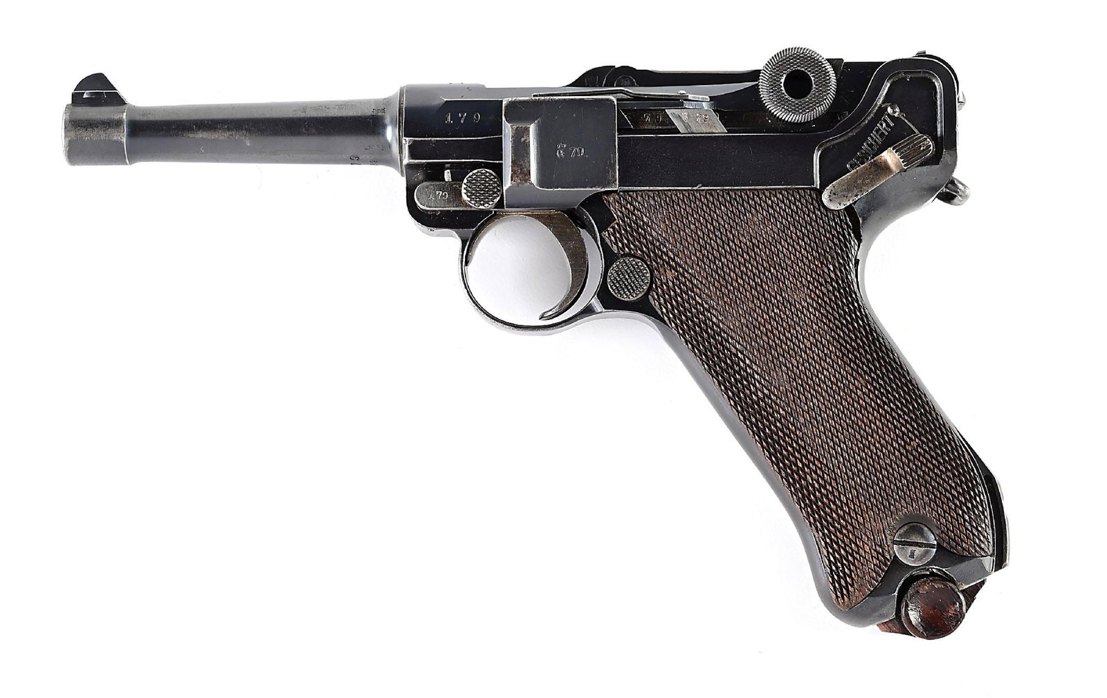 (C) 1912 DATED ERFURT P.08 SEMI-AUTOMATIC PISTOL.: Produced by Erfurt in 1912, this numbers matching pistol displays very well. Imperial proofs throughout. CONDITION: Excellent. The rust blued finish has muzzle wear and finish loss on the side plate.