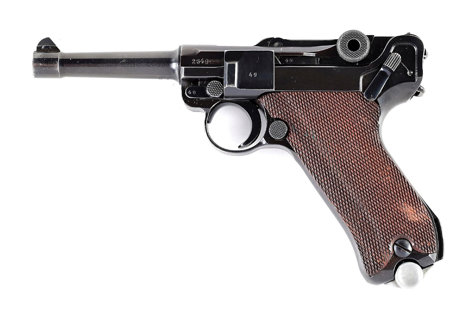 (C) 1939 DATED S/42 CODE P.08 LUGER SEMI-AUTOMATIC PISTOL.: Manufactured by Mauser in 1939, the S/42 was only made until mid-April of 1939 when the code was changed to 42 on the toggle, making these examples fairly scarce, especially in high condition. This ex