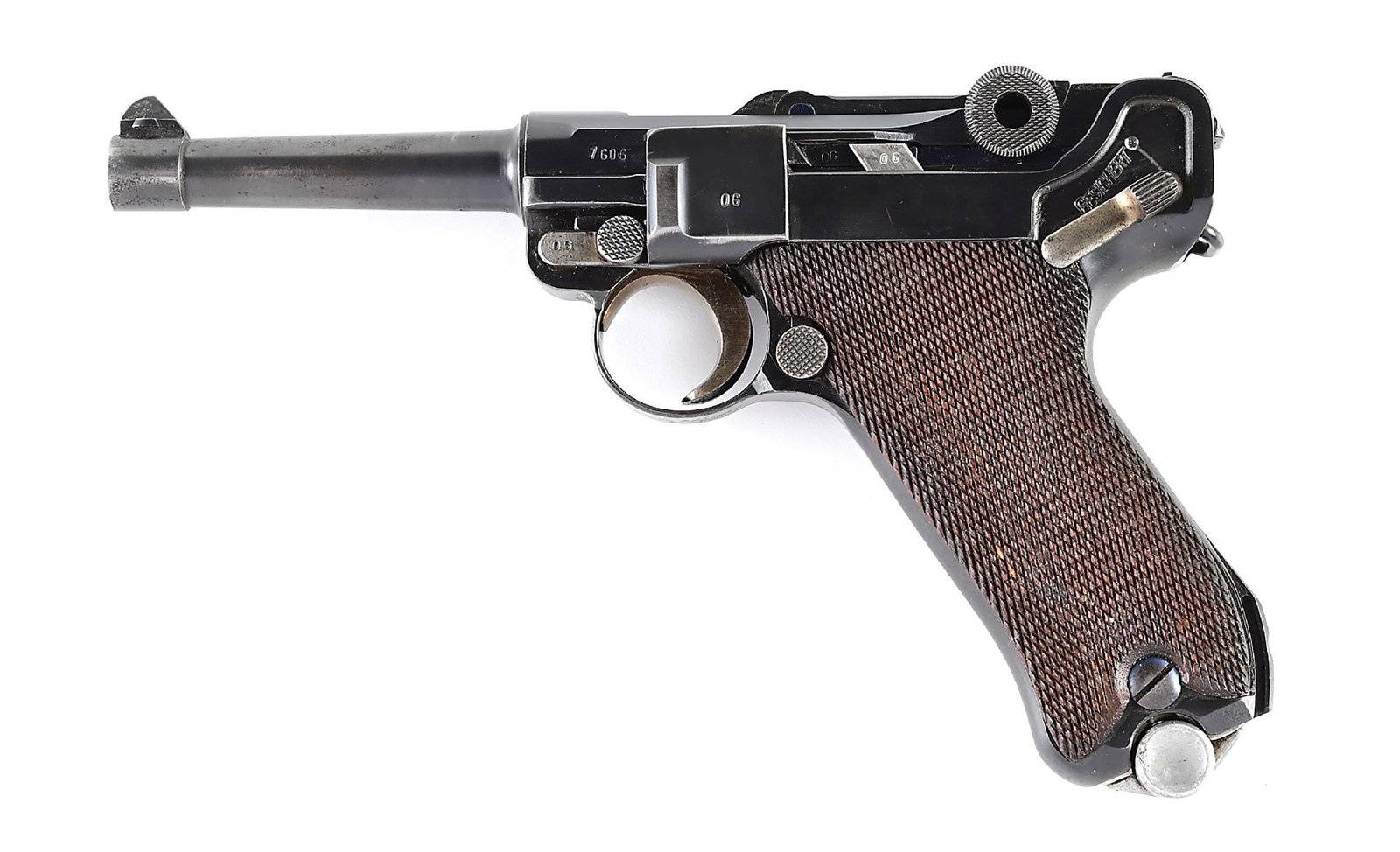 (C) G DATE MAUSER S/42 CODE P.08 LUGER SEMI-AUTOMATIC PISTOL.: Produced in 1935 by Mauser with a date code of “G”. The toggle train is coded S/42. The pistol is all matching numbered, including the magazine. The pistol comes with a CDG 40 coded leathe