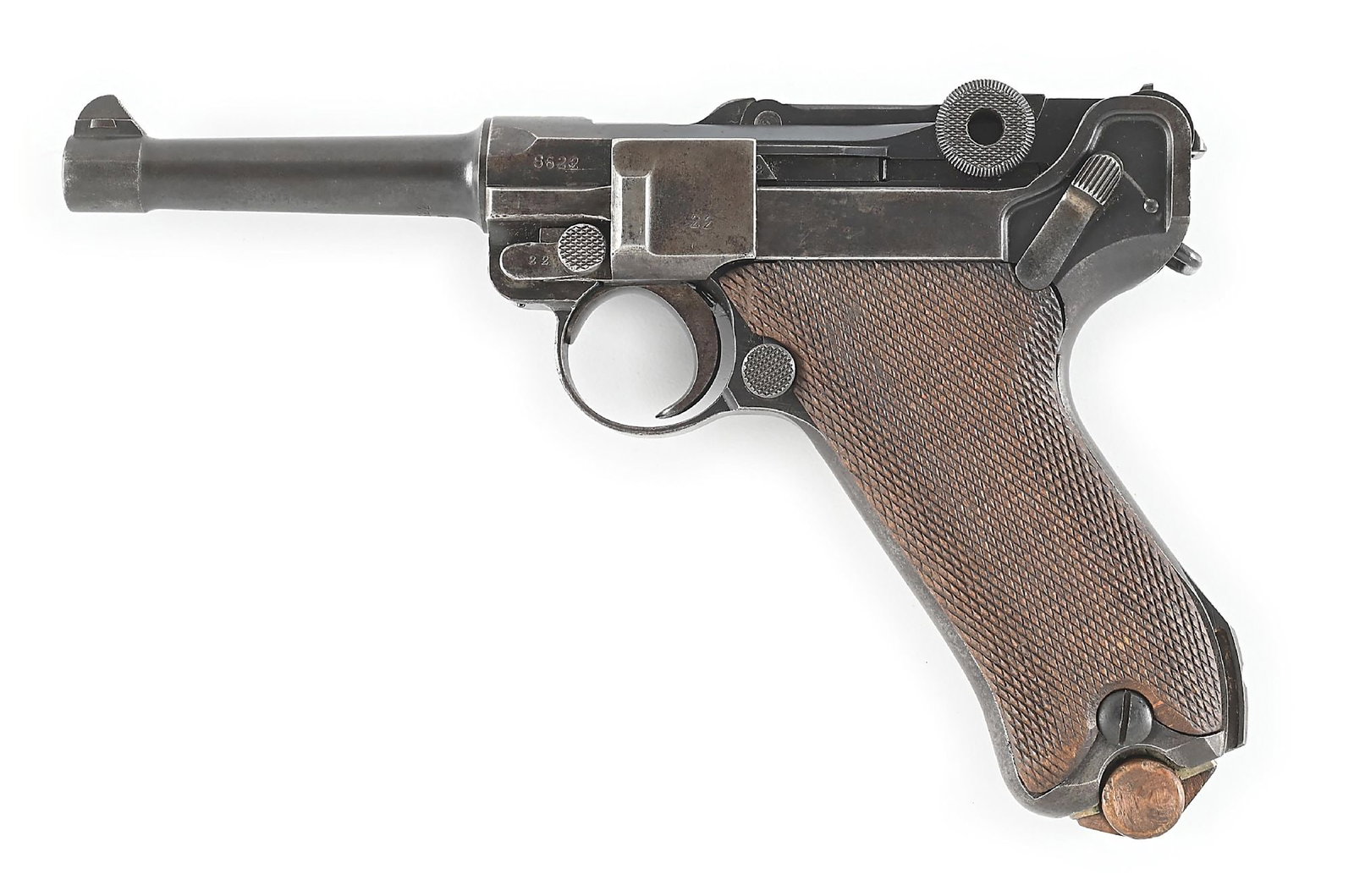 (C) DWM P.08 LUGER SEMI-AUTOMATIC PISTOL WITH HOLSTER (1918): Produced by DWM in 1918, this pistol features Imperial crown proofs throughout. The pistol has all matching numbers, including one magazine. The spare magazine has a nickel body with a wood base marke