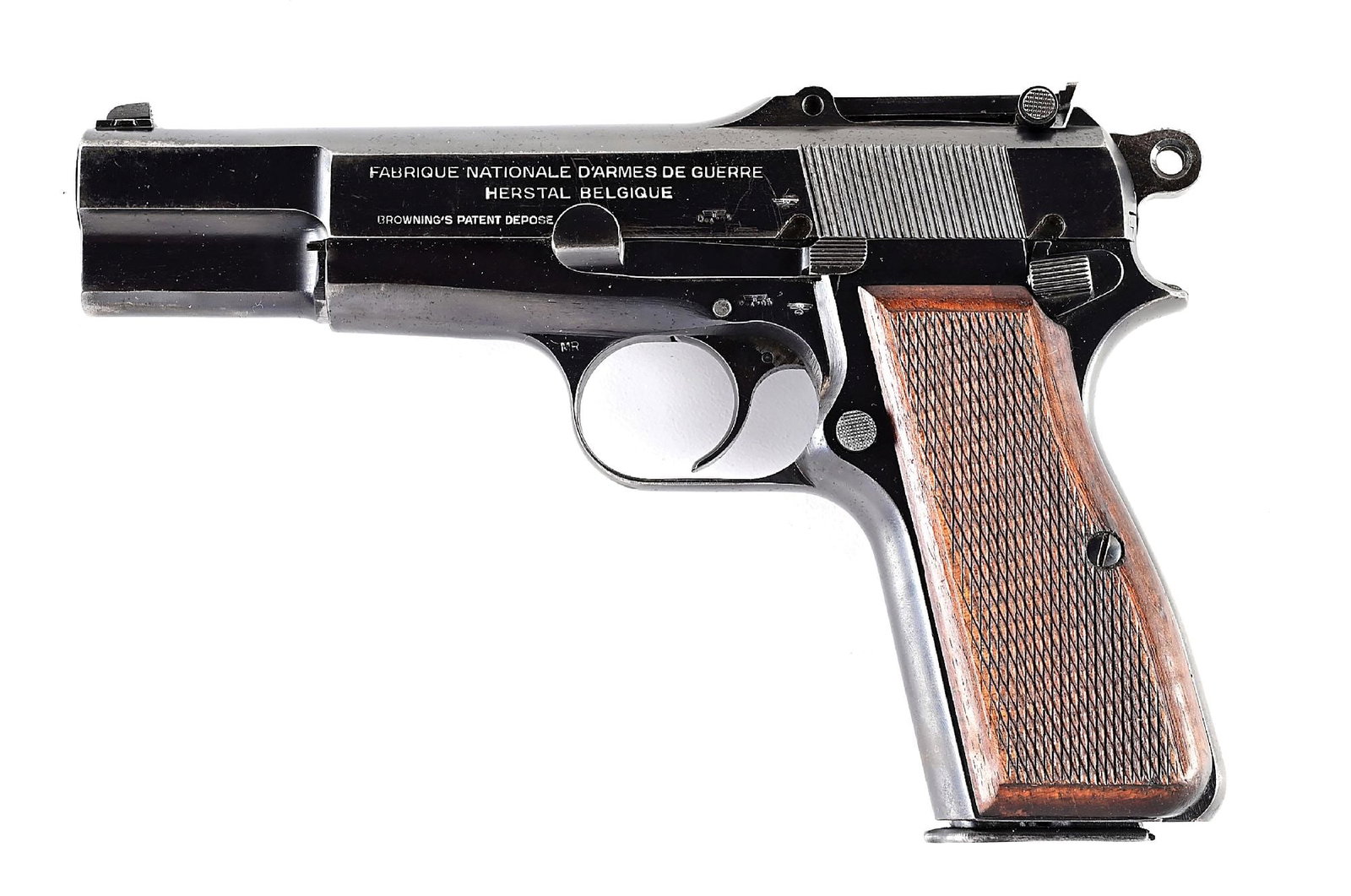 (C) EXCELLENT FN WWII GERMAN BROWNING HIGH POWER SEMI-AUTOMATIC PISTOL WITH HOLSTER: This German military issued pistol has the Waffenamp WaA 103 acceptance stamps on both the left side of slide and frame. This pistol also features the very desirable 50-500 meter tangent rear sight. A