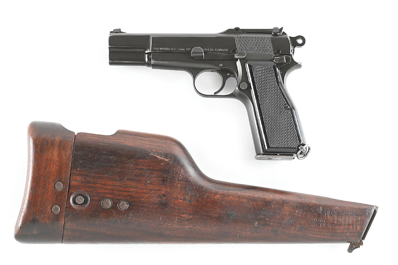 (C) CANADIAN INGLIS HI POWER SEMI-AUTOMATIC PISTOL WITH WOOD HOLSTER / STOCK.: Built in Canada by Inglis during the war using the Browning Hi-Power design. This example features the rear housing cut to accept the accompanying wood holster shoulder stock that has no visible seria