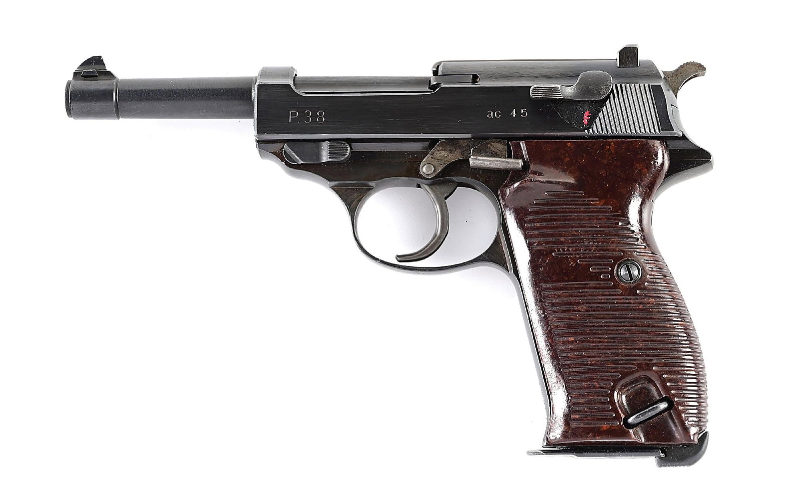 (C) FINE AND RARE LATE WAR ZERO SERIES WALTHER AC 45 CODE P.38 SEMI-AUTOMATIC PISTOL.: As the War drew to a close and Allied forces pushed into Germany in the Spring of 1945, Walther continued production of P.38s until the factory was captured in April. Among the very last military guns