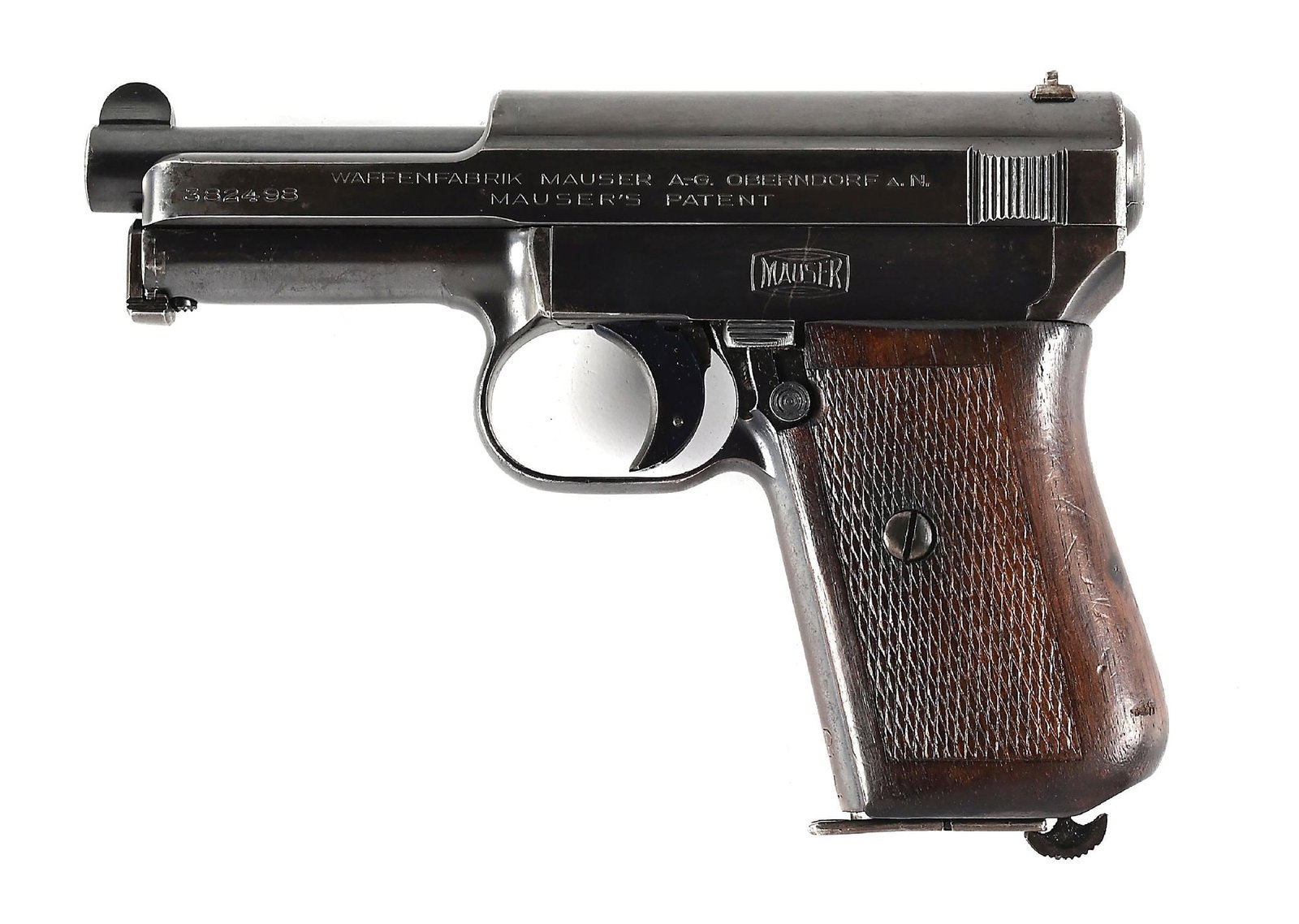 (C) SAXON STATE POLICE MAUSER 1914 .32 ACP SEMI-AUTOMATIC PISTOL WITH HOLSTER.: Classic configuration with blade front sight and U notch rear, blued finish, and comes with two matching numbered magazines and holster. The front grip strap is marked with "S.P./M." Saxon Landespoliz