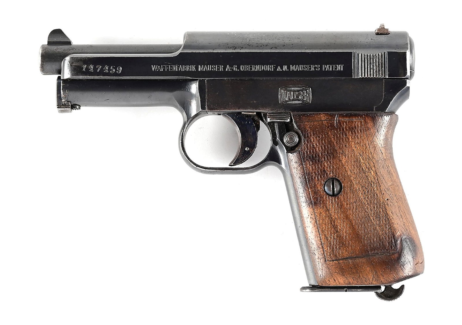 (C) MAUSER 1914 .32 ACP SEMI-AUTOMATIC PISTOL .: Produced by Mauser, this model 1914 rig is complete with two matching numbered magazines and a JHG 41 coded holster. The pistol has all matching numbers. The blued pistol features a crown U proof on t