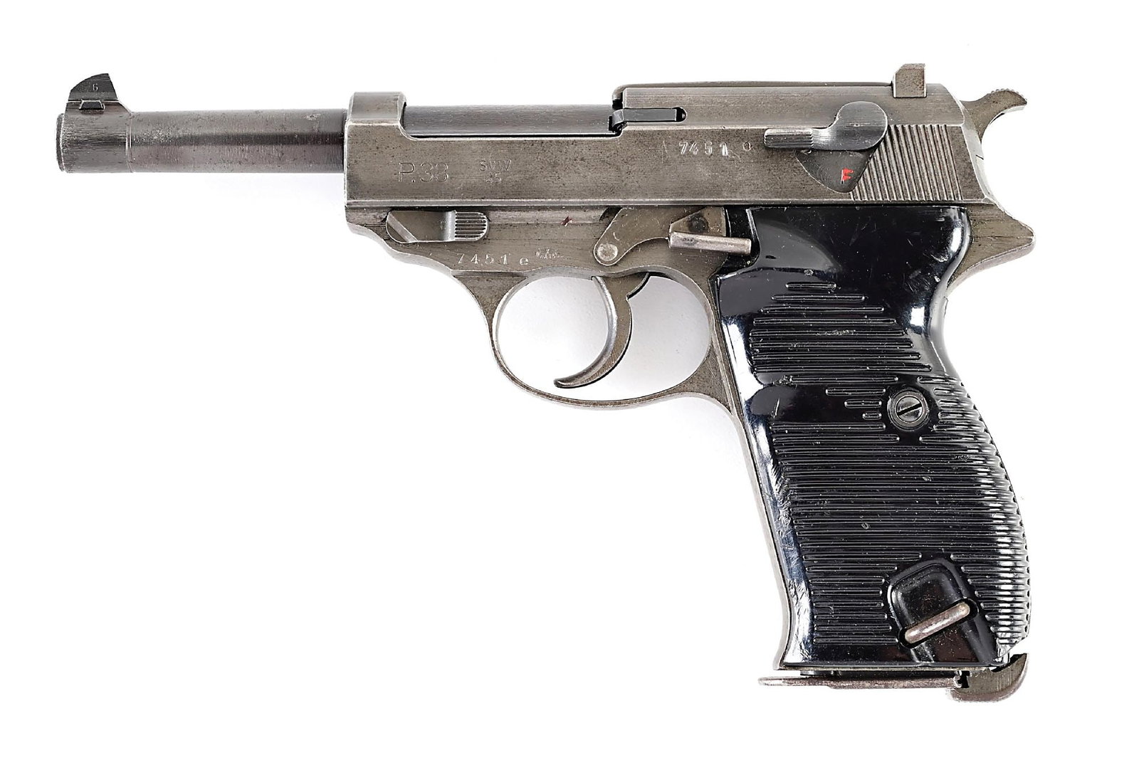 (C) RARE SVW45 P.38 SEMI-AUTOMATIC PISTOL WITH GERMAN INSPECTIONS: SVW manufactured in occupied France on Mauser tooling. Manufactured 1945 and issued and inspected with German WaA135 waffenamt. Very few of these pistols actually made into the production early enough