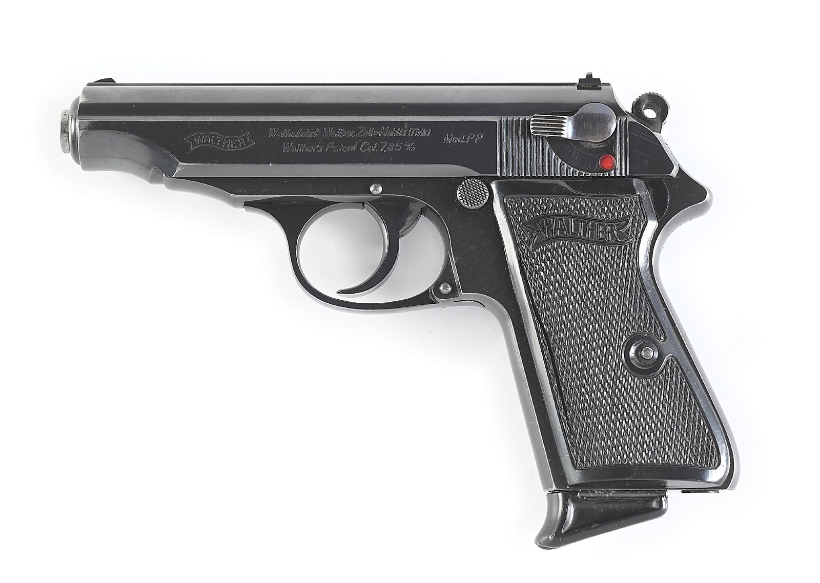(C) REICHSBANK WALTHER MODEL PP SEMI-AUTOMATIC PISTOL.: Manufactured in 1930, the second year of production. Finished in pre-War commercial blue. Left side of the slide is marked with standard Zellas-Mehlis legend. Right side has matching pantographed seri