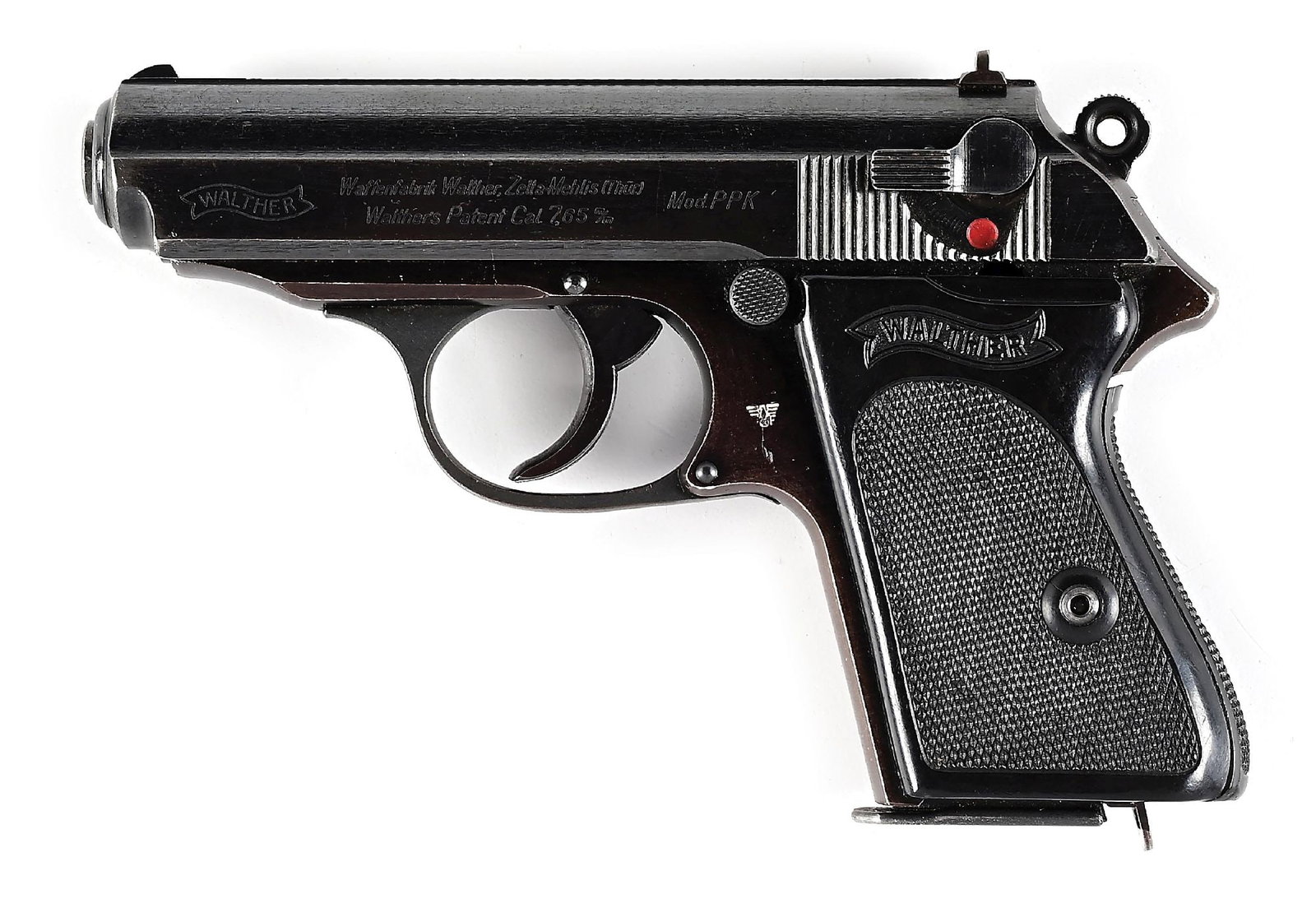 (C) WALTHER PPK .32 ACP SEMI-AUTOMATIC PISTOL WITH DURAL FRAME.: Produced by Walther in late 1944, this pistol is highly sought after and very scarce, as there were only 1500 produced. Police "(Eagle) / F" marked Dural frame PPK. CONDITION: This all matching exampl