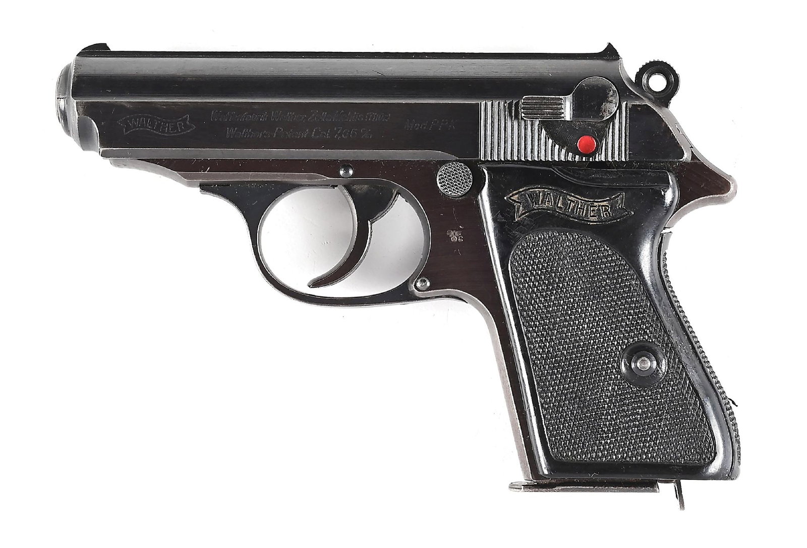 (C) WALTHER PPK .32 ACP SEMI-AUTOMATIC PISTOL.: Manufactured by Walther in late 1942. This steel framed PPK features a milled finish with an "(Eagle) / C" acceptance mark on the left side of frame. The frame is a plum color with a darker blued slid