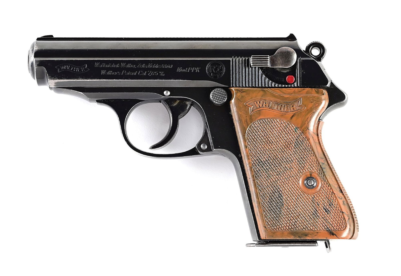 (C) RZM WALTHER PPK SEMI-AUTOMATIC PISTOL.: Produced by the Walther factory in 1935, this early PPK features a 90-degree safety and loaded chamber indicator. The RZM etching on the slide is very deep and clear unlike many examples. The pistol i