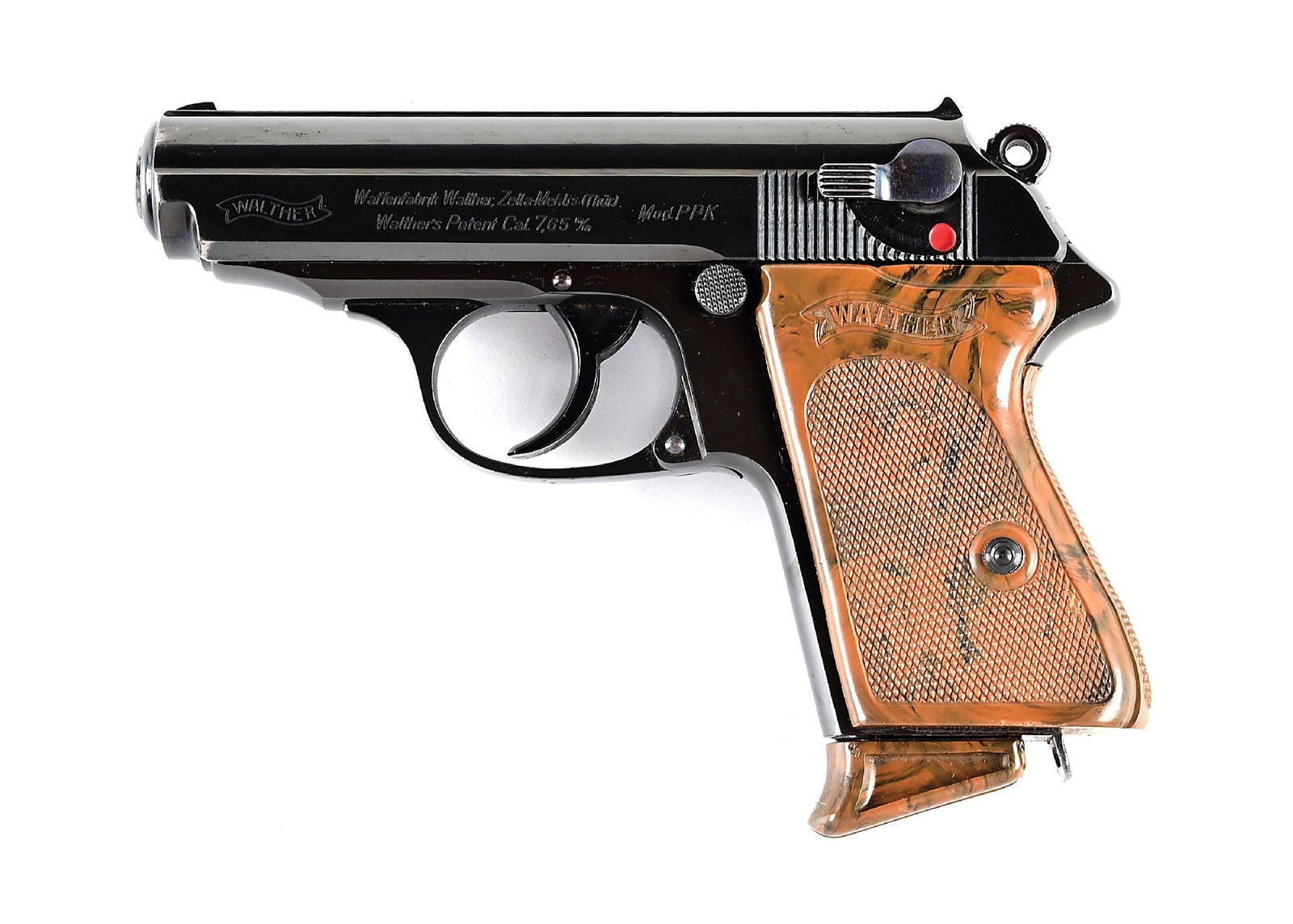(C) PRE-WAR WALTHER PPK SEMI AUTOMATIC PISTOL.: Produced by Walther in 1936, this pistol has the early features including high polished blue finish, a 90-degree safety, and chamber indicator. The pistol comes with one finger extension magazine. CON