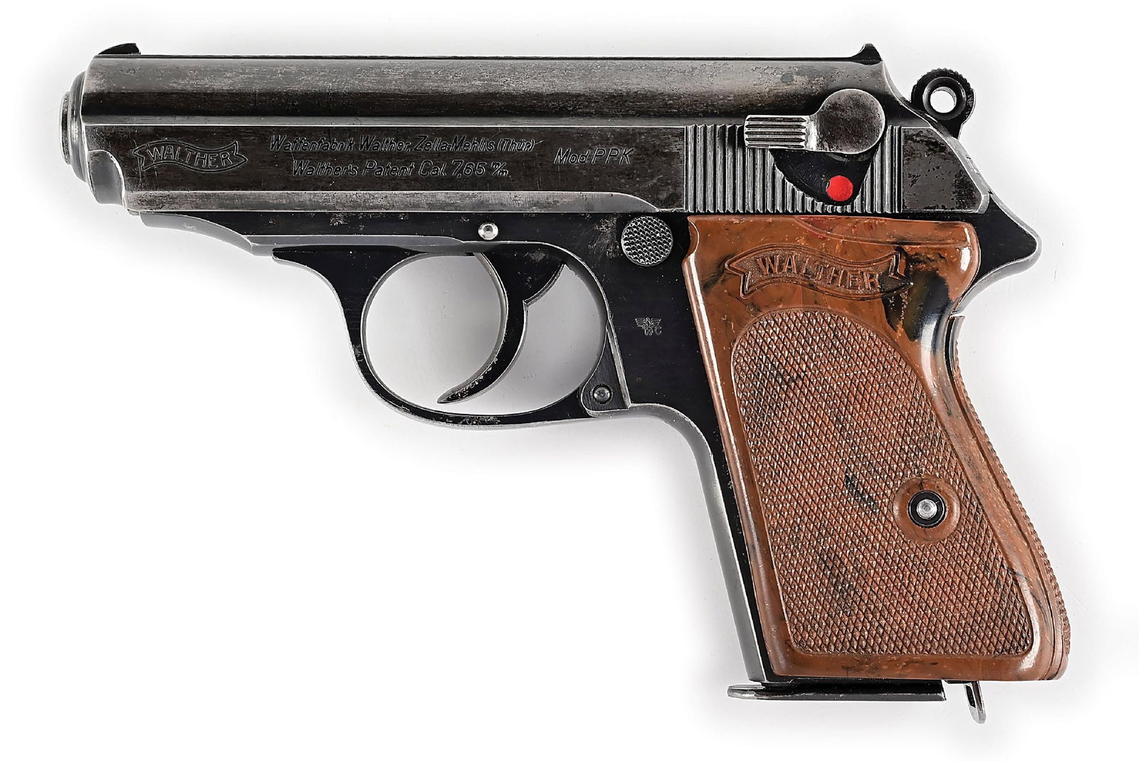 (C) WALTHER PPK .32 ACP SEMI-AUTOMATIC PISTOL.: Produced by Walther for a German police department during 1940. Police "(Eagle) / C" acceptance on left side of frame and a single matching numbered magazine which is numbered on the baseplate. CONDIT