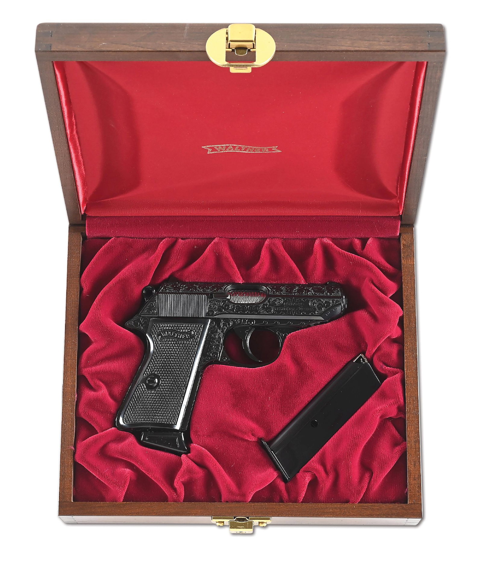 (M) ENGRAVED WALTHER PPK/S SEMI-AUTOMATIC PISTOL WITH BOX: This beautiful pistol exhibits the German oak leaf and scroll design hand engraving covering nearly all of its surface. This pistol has the Interarms legend on right side of slide and is stamped made