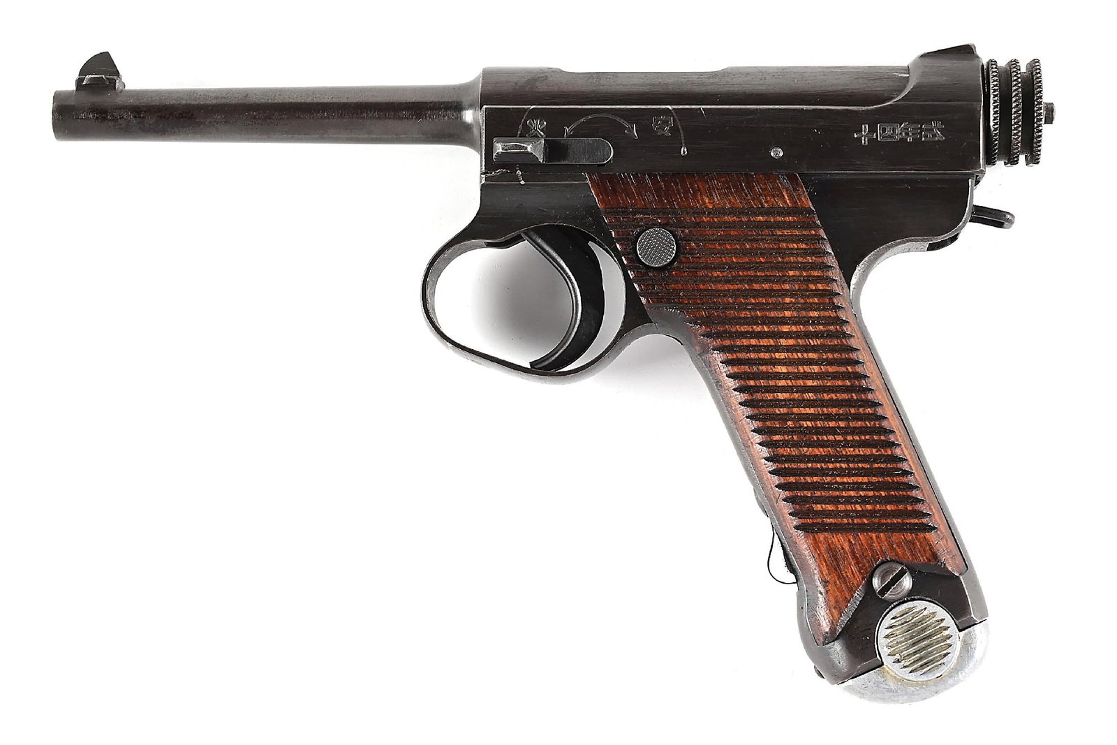 (C) NAMBU TYPE 14 8MM NAMBU SEMI-AUTOMATIC PISTOL WITH HOLSTER.: Produced by the Toriimatsu Factory, Nagoya Arsenal in 1943. the pistol has all matching numbers, including the magazine. Brushed blue finish. Comes with an original Japanese type 14 nambu clamshell ho