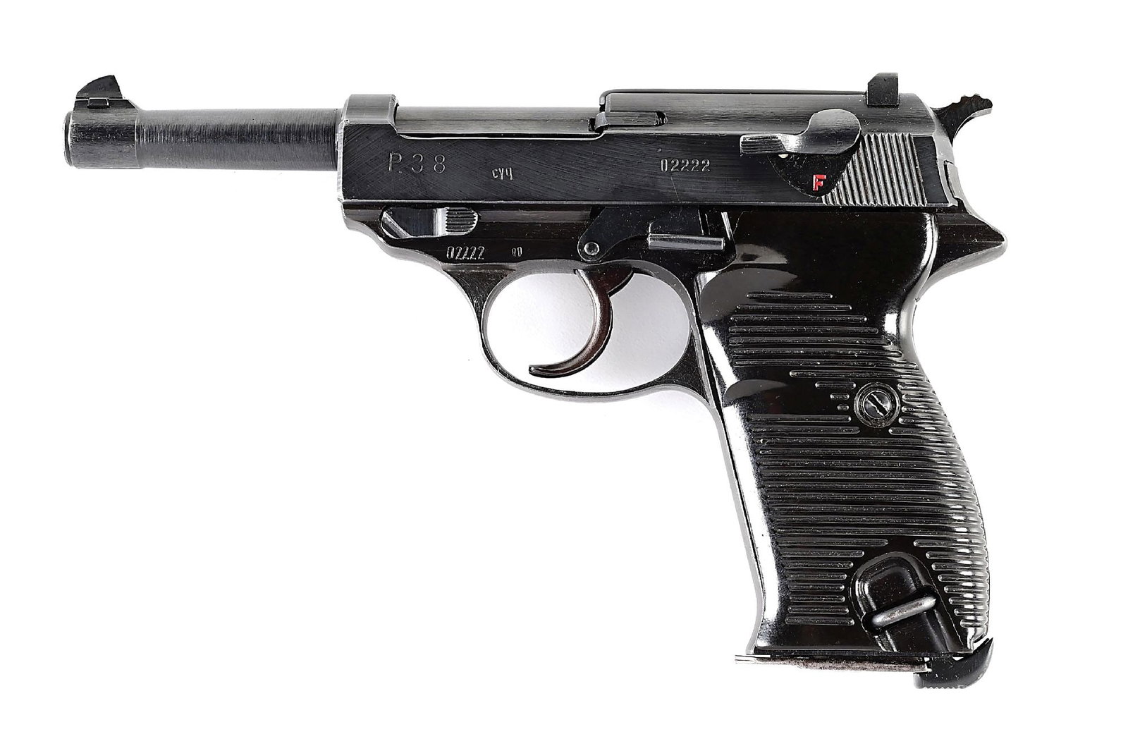 (C) CYQ SPREEWERKE ZERO SERIES P.38 SEMI AUTOMATIC PISTOL.: Scarce 1945 manufactured Zero Series CYQ Spreewerke P38 as issued to the Volkssturm in the later period of WWII. Slide is marked with "cyq" marking P.38 and "02222" serial number as found on frame, ba