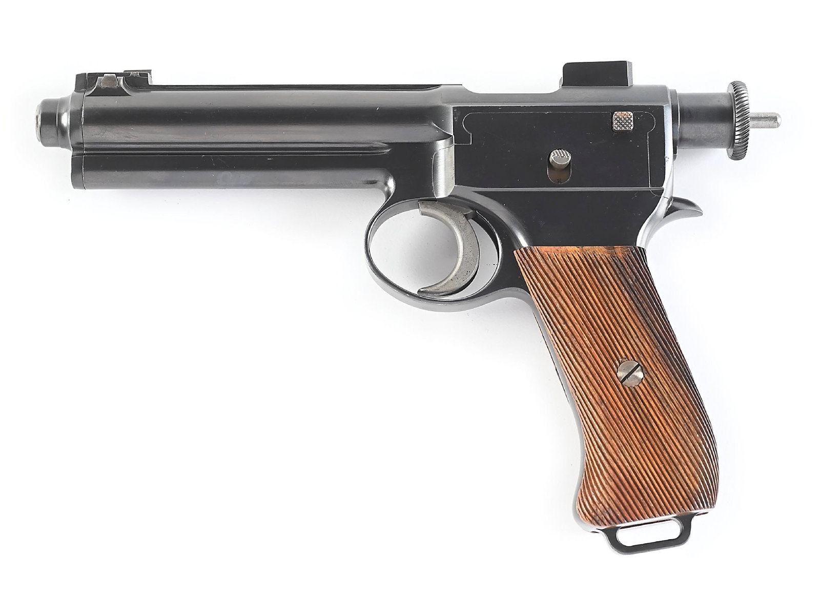(C) ROTH-STEYR MODEL 1907 SEMI-AUTOMATIC PISTOL WITH HOLSTER.: Proofed in Vienna in early 1910. Finished in rust blue with straw small parts. Slide rib marked "WAFFENFABRIK STEYR". 2-piece grooved grips with "24E" unit marked escutcheon on the right side. Gun is